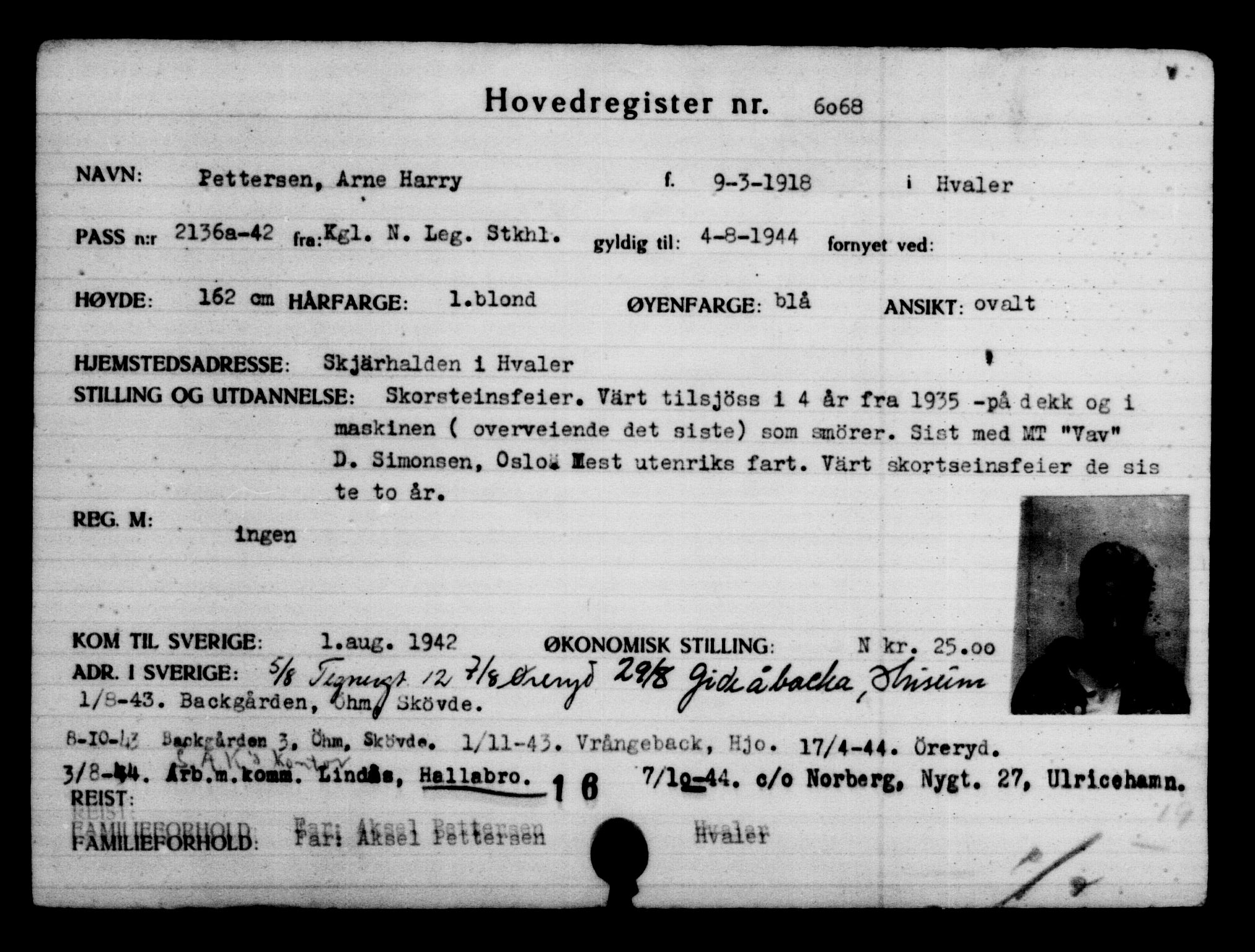 Utenriksstasjonene, Legasjonen i Stockholm, Flyktningkontoret, AV/RA-S-6753/V/Va/L0004: Kjesäterkartoteket, flyktninger med registreringsnr. 3496-6610, 1940-1945, s. 3011