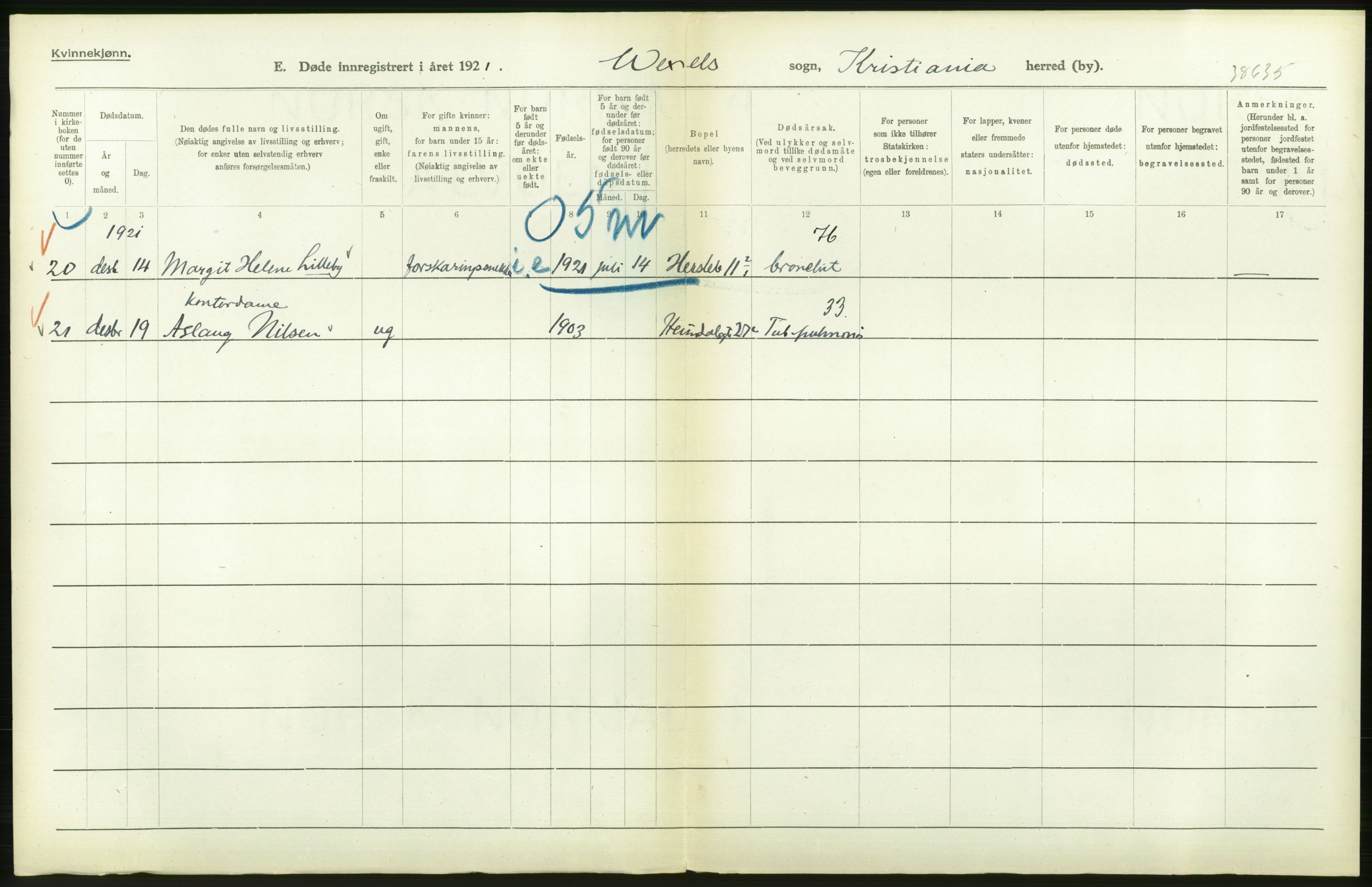 Statistisk sentralbyrå, Sosiodemografiske emner, Befolkning, RA/S-2228/D/Df/Dfc/Dfca/L0013: Kristiania: Døde, dødfødte, 1921, s. 454