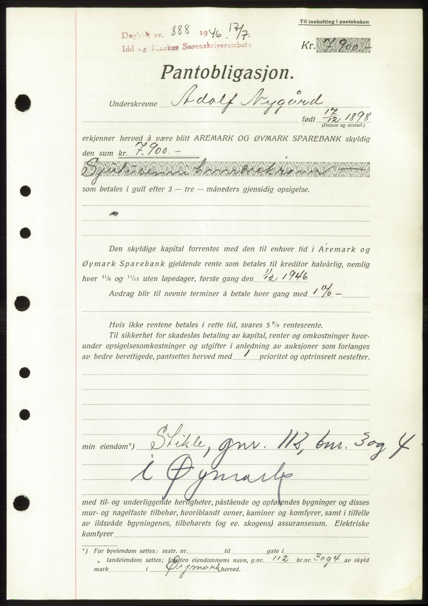 Idd og Marker sorenskriveri, SAO/A-10283/G/Gb/Gbc/L0003: Pantebok nr. B4-9b, 1946-1946, Tingl.dato: 17.07.1946