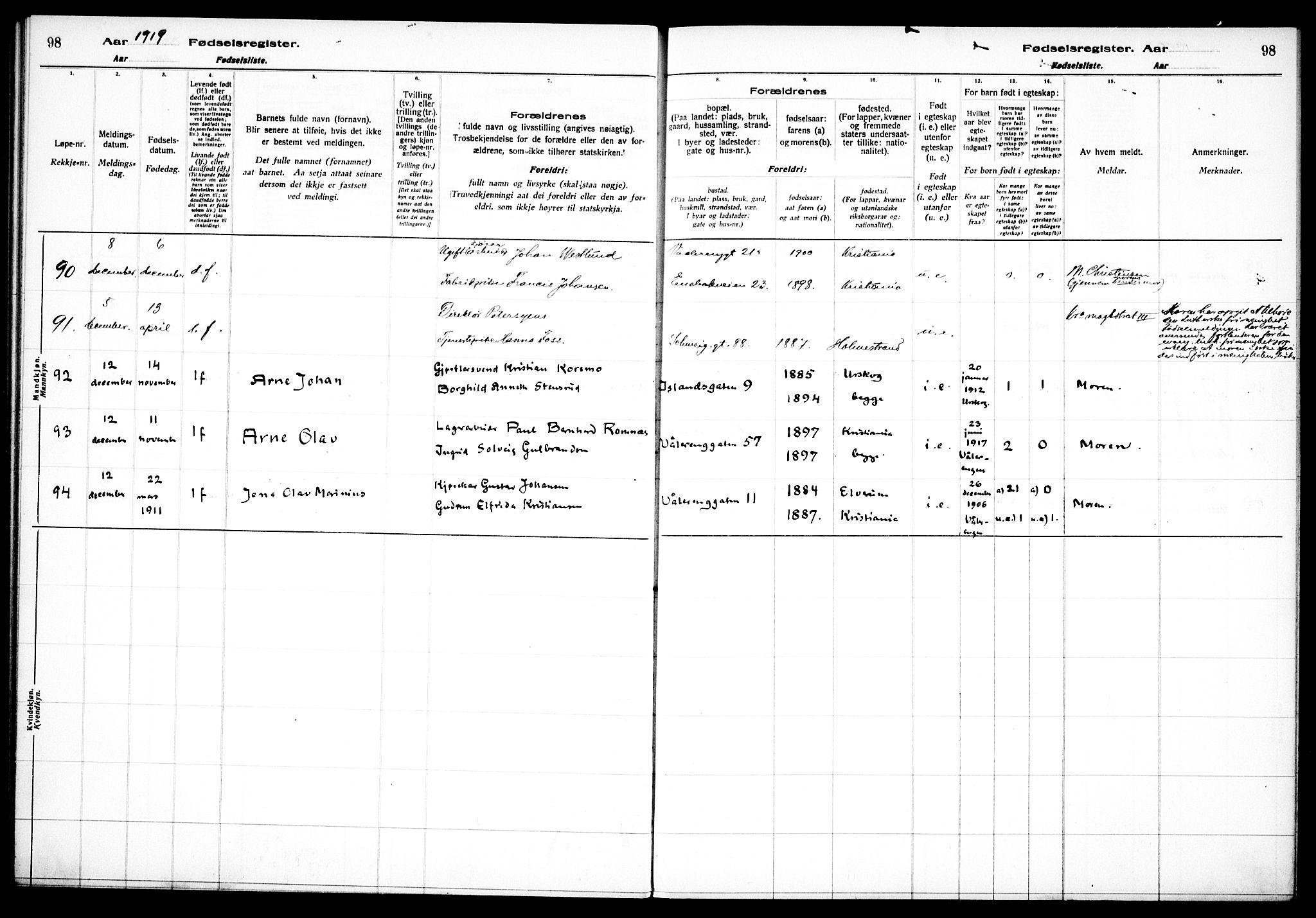 Vålerengen prestekontor Kirkebøker, AV/SAO-A-10878/J/Ja/L0001: Fødselsregister nr. 1, 1916-1924, s. 98