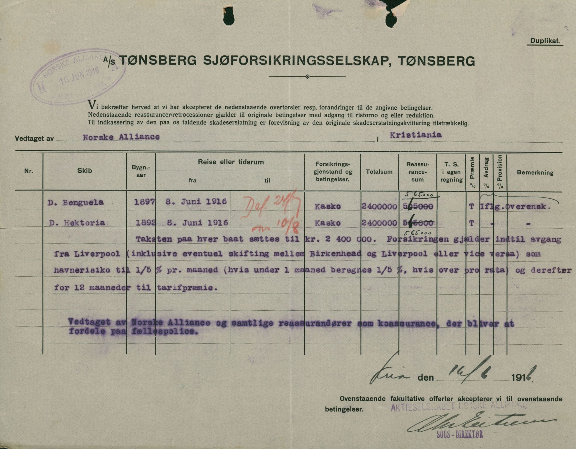 Pa 664 - Tønsberg Sjøforsikringsselskap, VEMU/A-1773/F/L0001: Forsikringspoliser, 1915-1918