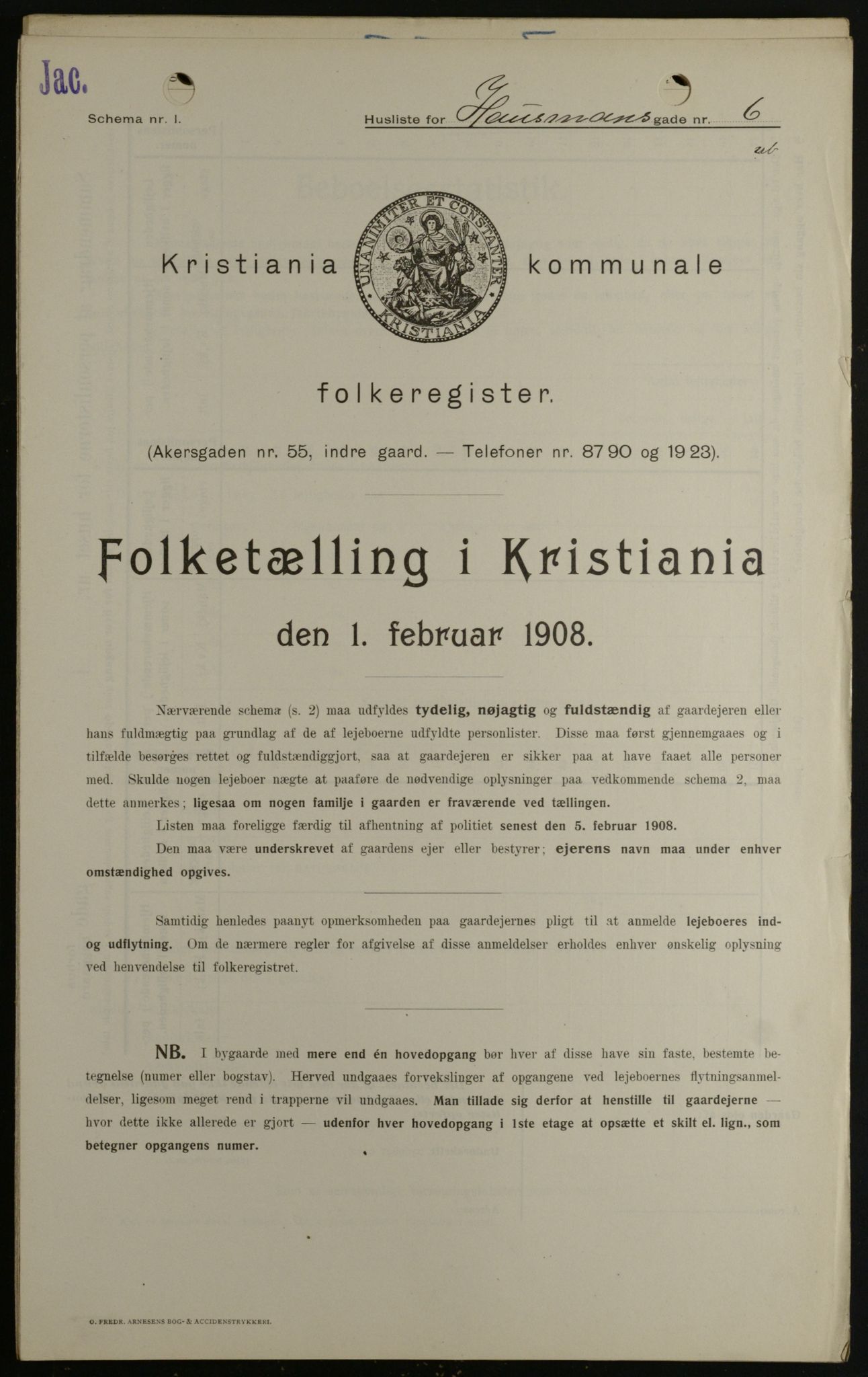 OBA, Kommunal folketelling 1.2.1908 for Kristiania kjøpstad, 1908, s. 31713