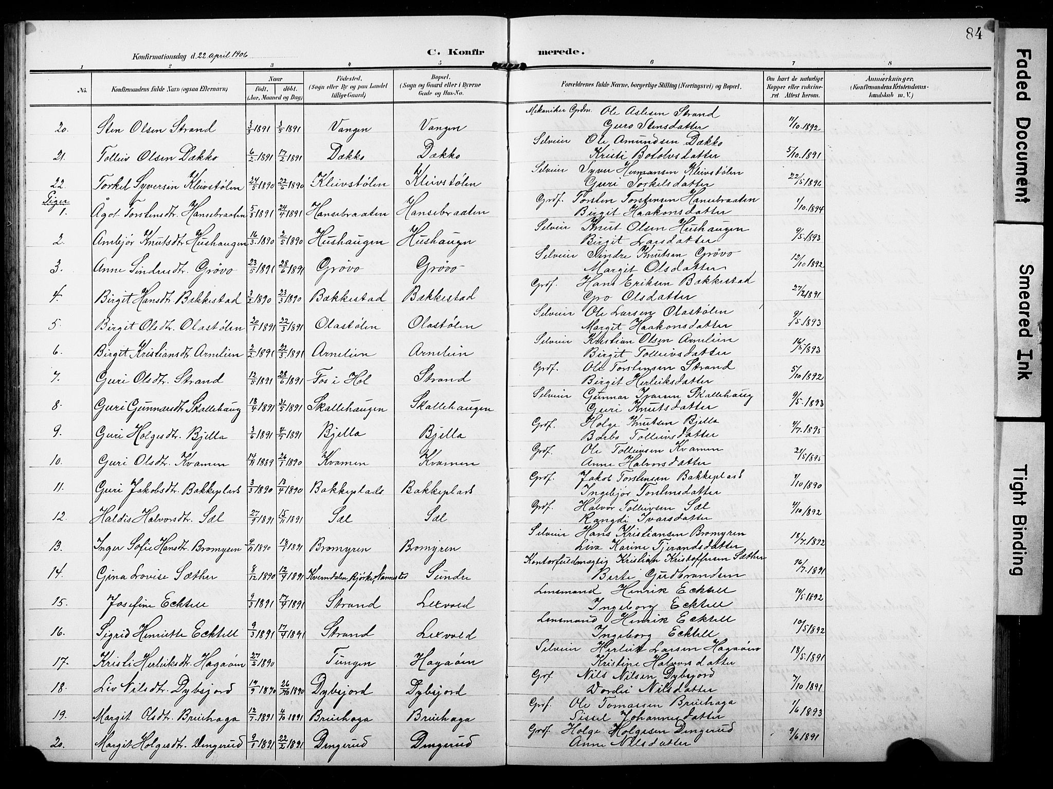 Ål kirkebøker, AV/SAKO-A-249/G/Ga/L0002: Klokkerbok nr. 2, 1904-1928, s. 84