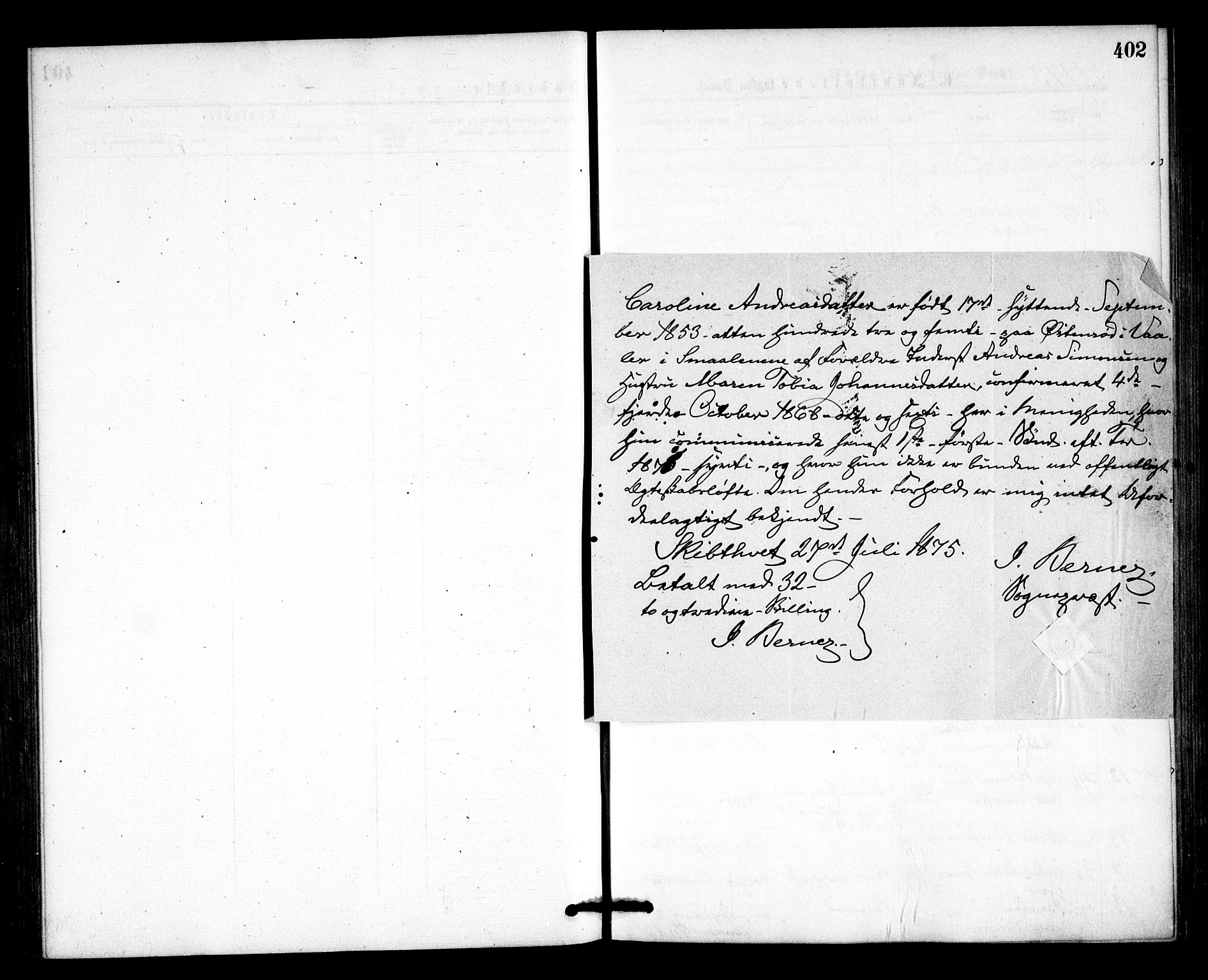 Våler prestekontor Kirkebøker, AV/SAO-A-11083/F/Fa/L0009: Ministerialbok nr. I 9, 1873-1877, s. 402