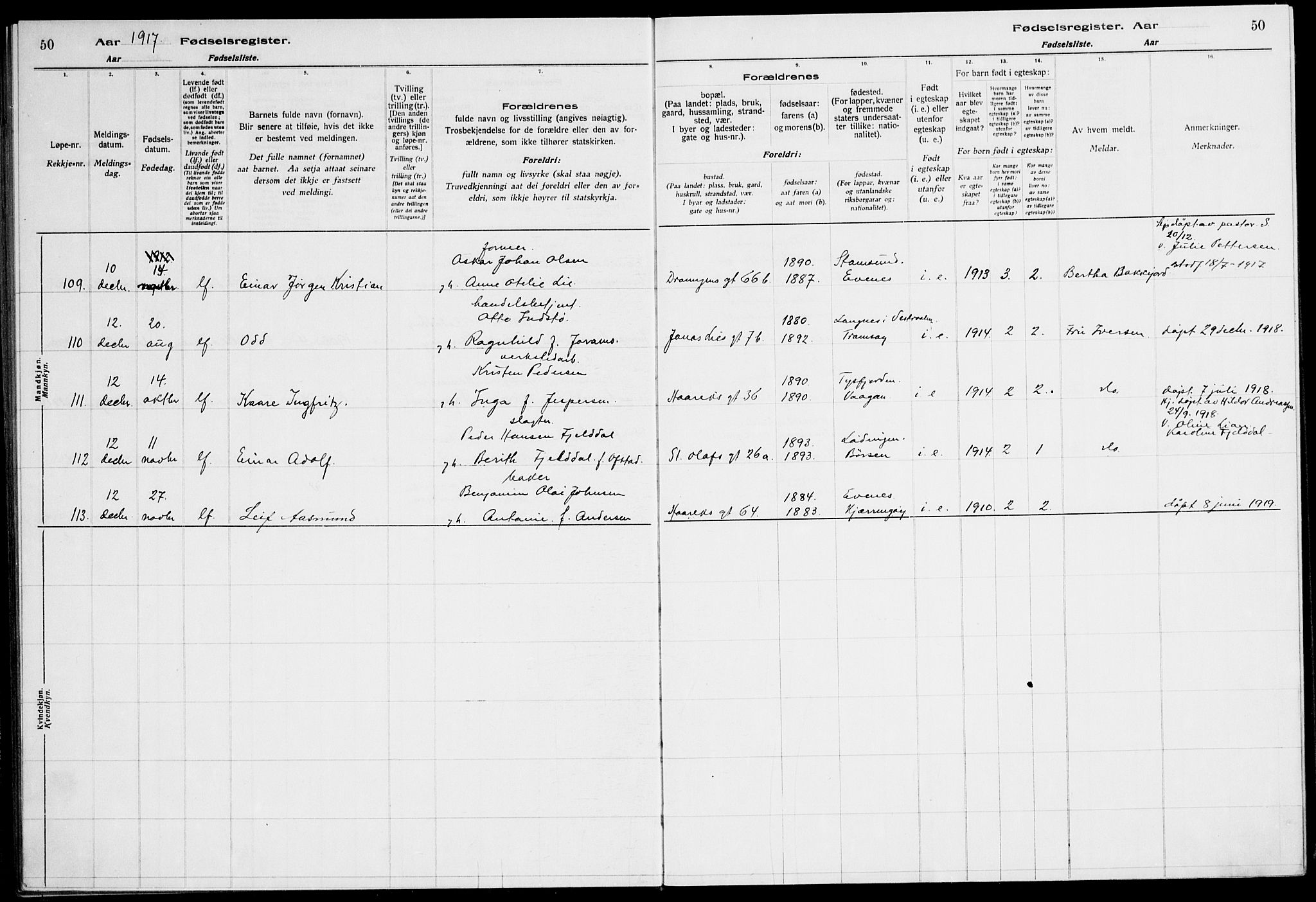 Ministerialprotokoller, klokkerbøker og fødselsregistre - Nordland, AV/SAT-A-1459/871/L1013: Fødselsregister nr. 871.II.4.1, 1916-1924, s. 50