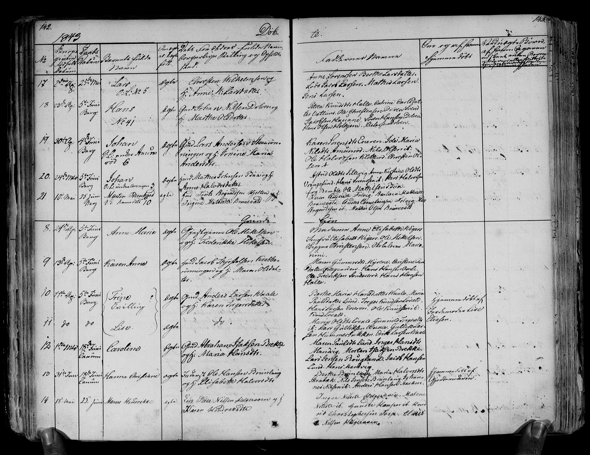 Brunlanes kirkebøker, AV/SAKO-A-342/F/Fa/L0003: Ministerialbok nr. I 3, 1834-1845, s. 142-143