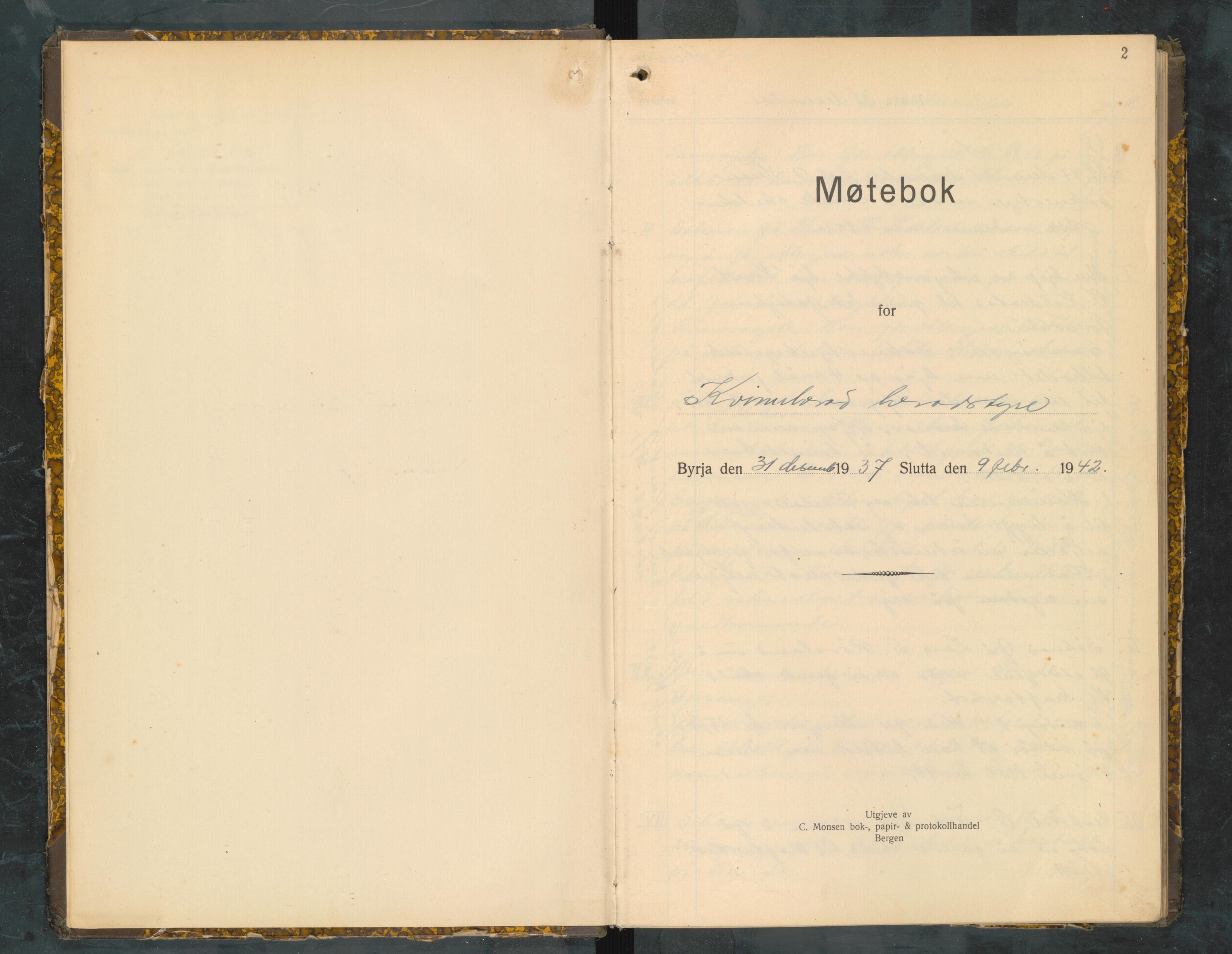 Kvinnherad kommune. Formannskapet, IKAH/1224-021/A/Aa/L0010: Møtebok for formannskap og heradstyre i Kvinnherad prestegjeld og styre i soknekommunane Kvinnherad, Ølve, Husnes og Ænes, 1938-1942