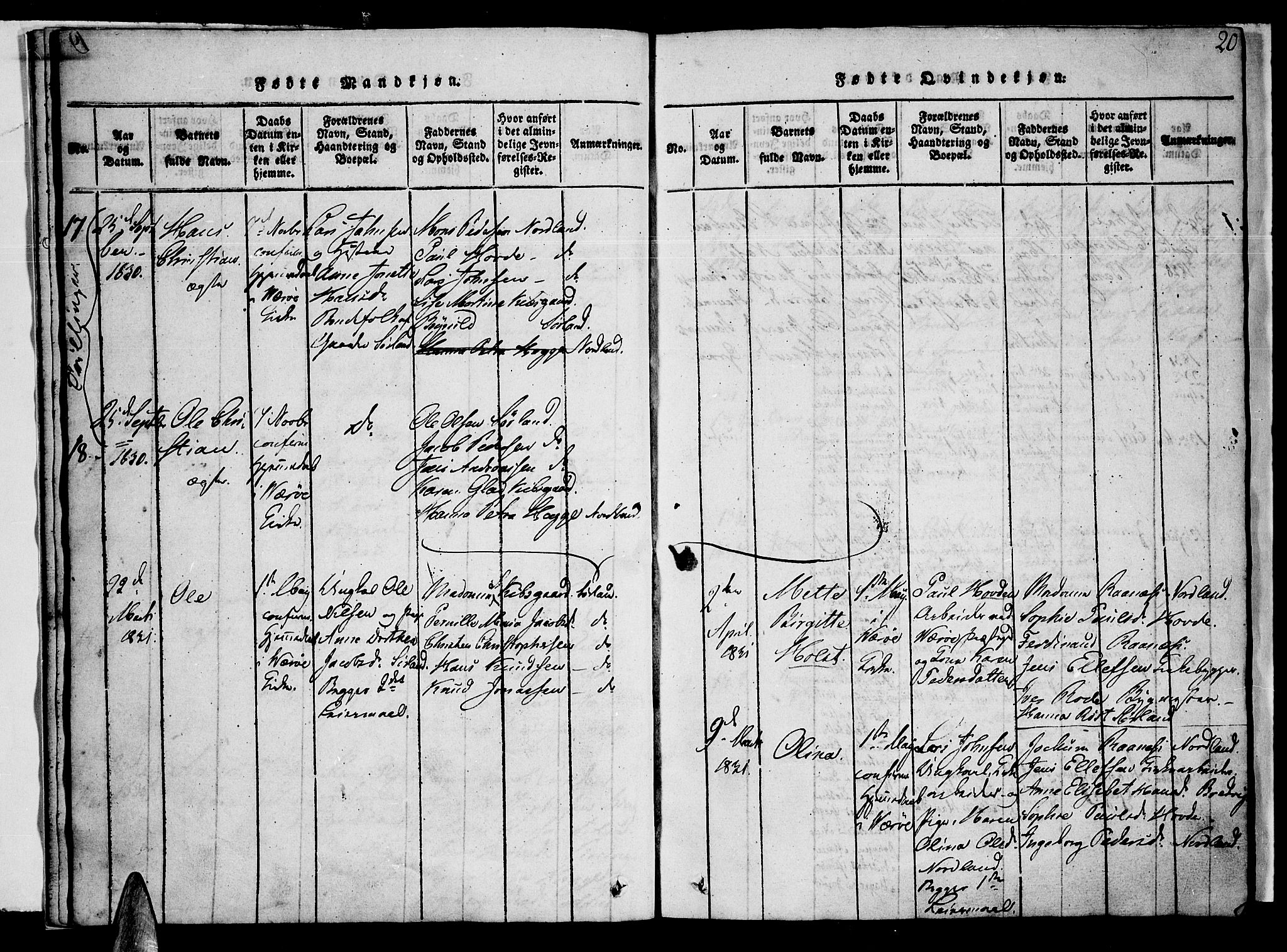 Ministerialprotokoller, klokkerbøker og fødselsregistre - Nordland, SAT/A-1459/807/L0120: Ministerialbok nr. 807A03, 1821-1848, s. 20