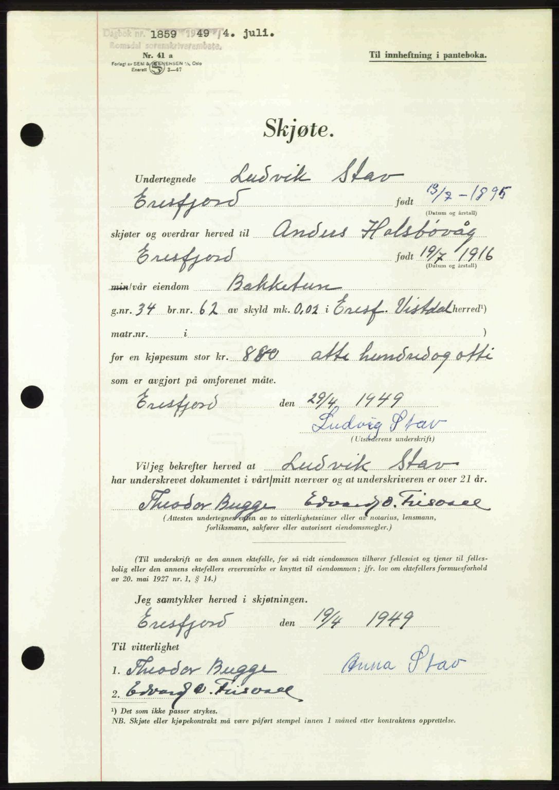 Romsdal sorenskriveri, SAT/A-4149/1/2/2C: Pantebok nr. A30, 1949-1949, Dagboknr: 1859/1949