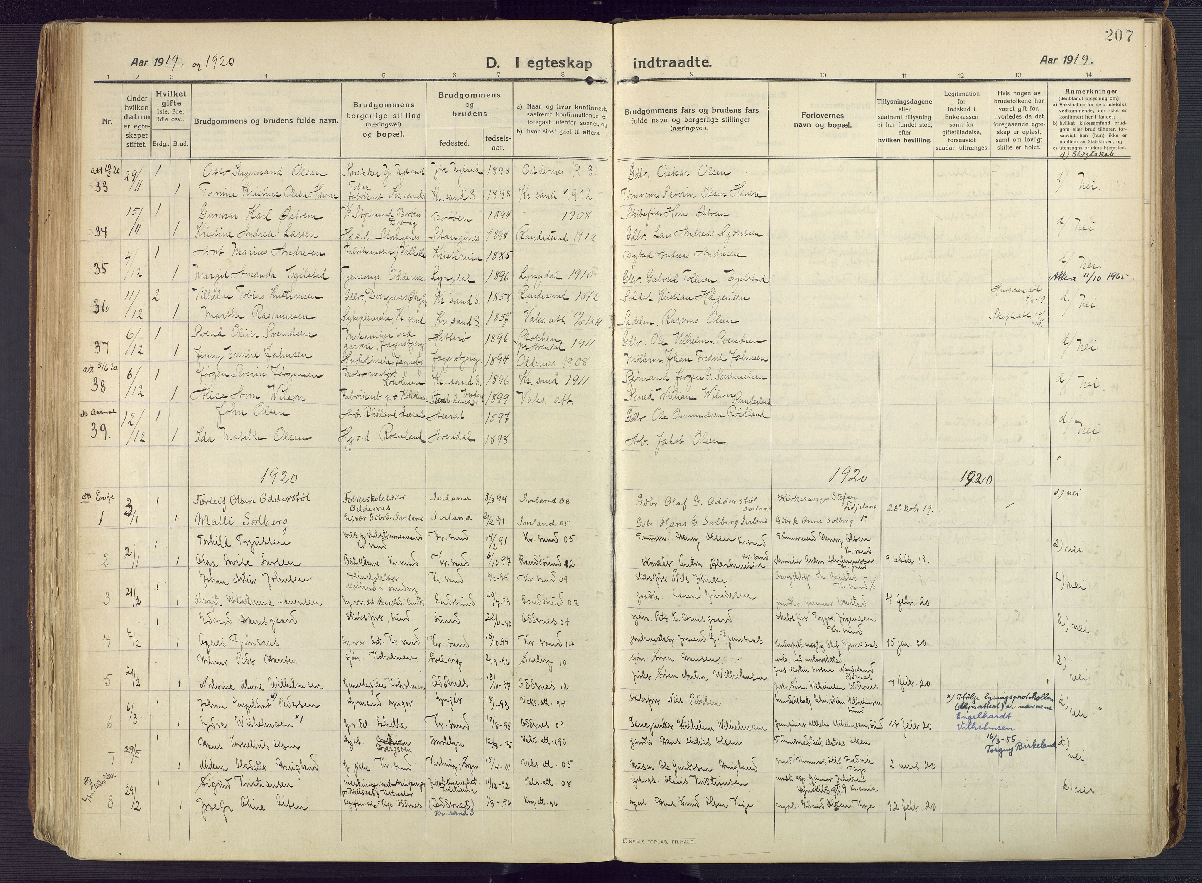 Oddernes sokneprestkontor, SAK/1111-0033/F/Fa/Faa/L0012: Ministerialbok nr. A 12, 1912-1925, s. 207