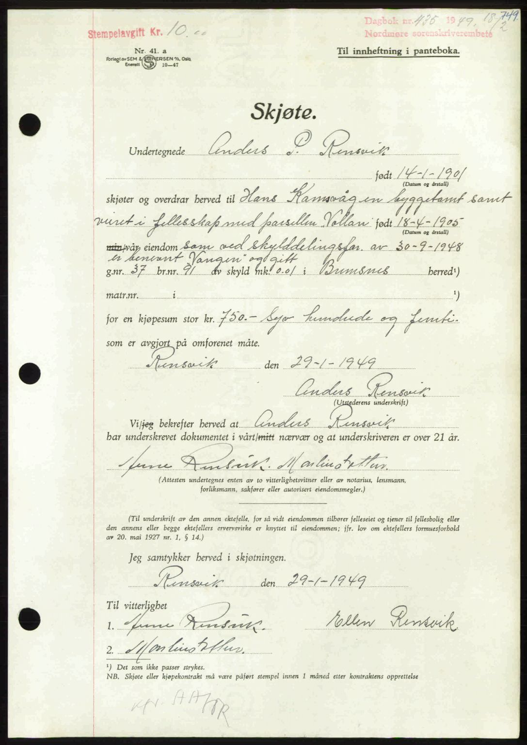 Nordmøre sorenskriveri, AV/SAT-A-4132/1/2/2Ca: Pantebok nr. A110, 1948-1949, Dagboknr: 435/1949