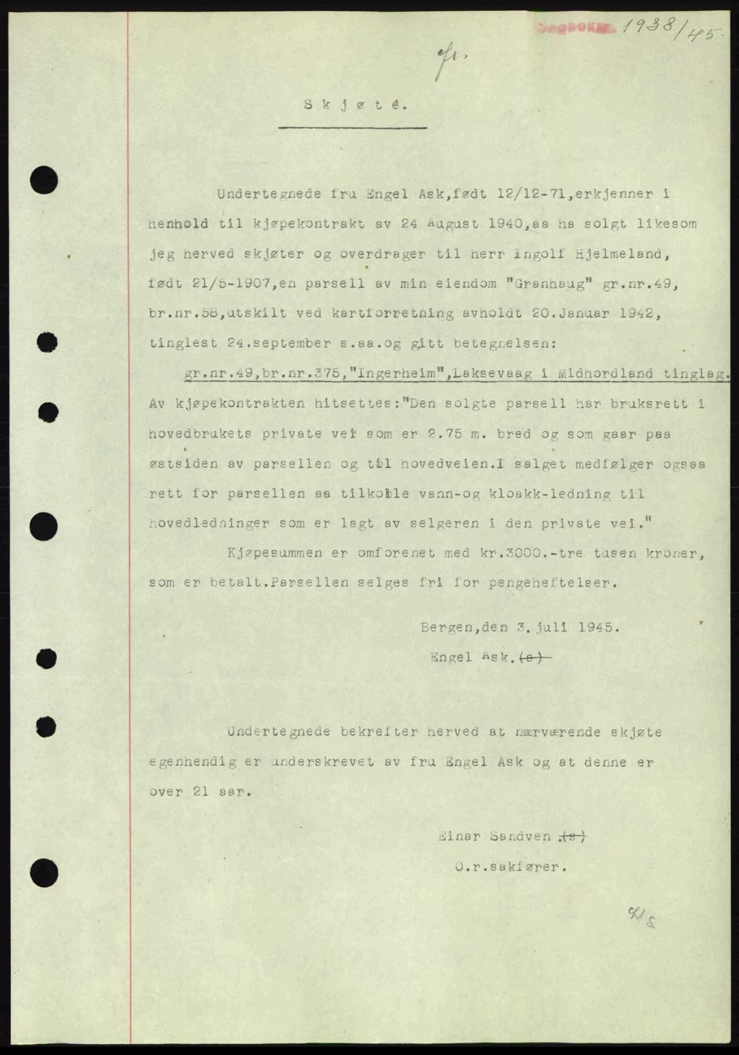 Midhordland sorenskriveri, SAB/A-3001/1/G/Gb/Gbk/L0008: Pantebok nr. A36-41, 1944-1945, Dagboknr: 1938/1945