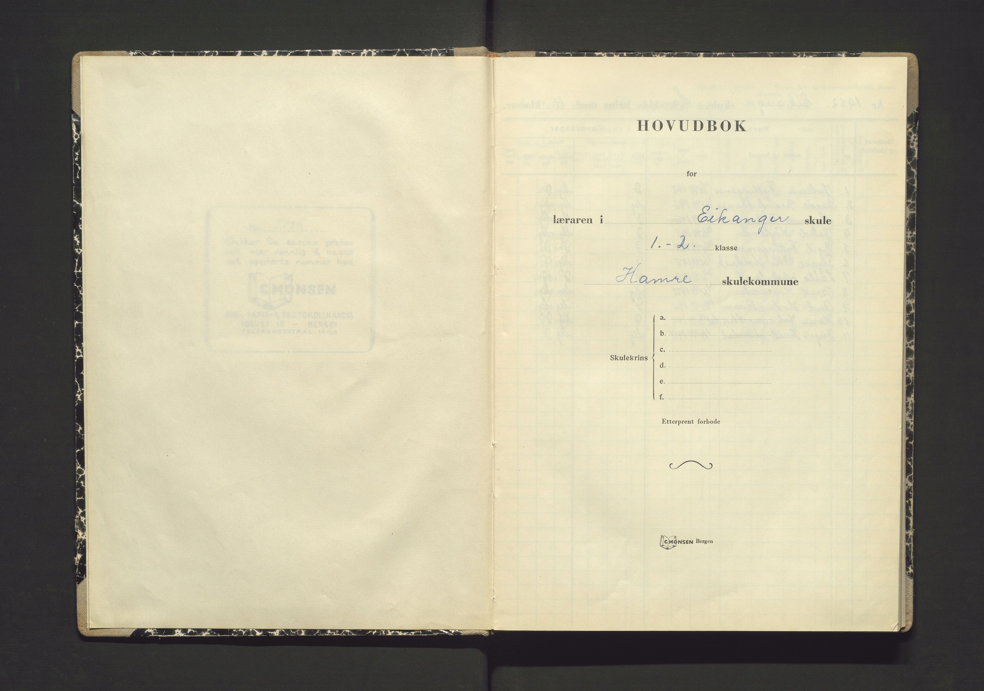 Hamre kommune. Barneskulane, IKAH/1254-231/F/Fb/L0007: Skuleprotokoll for Eikanger skule, 1952-1964