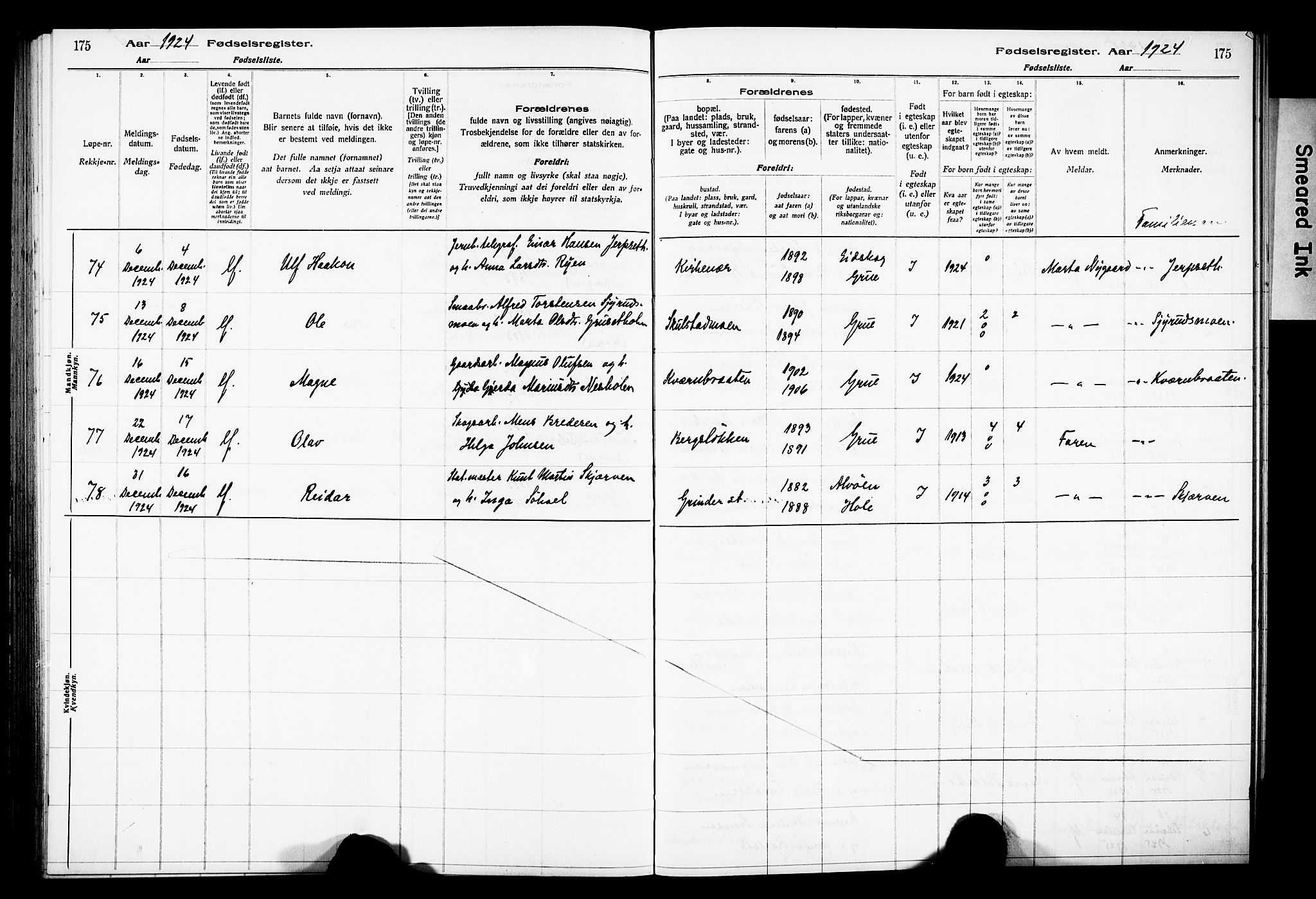 Grue prestekontor, AV/SAH-PREST-036/I/Id/Ida/L0001: Fødselsregister nr. I 1, 1916-1926, s. 175