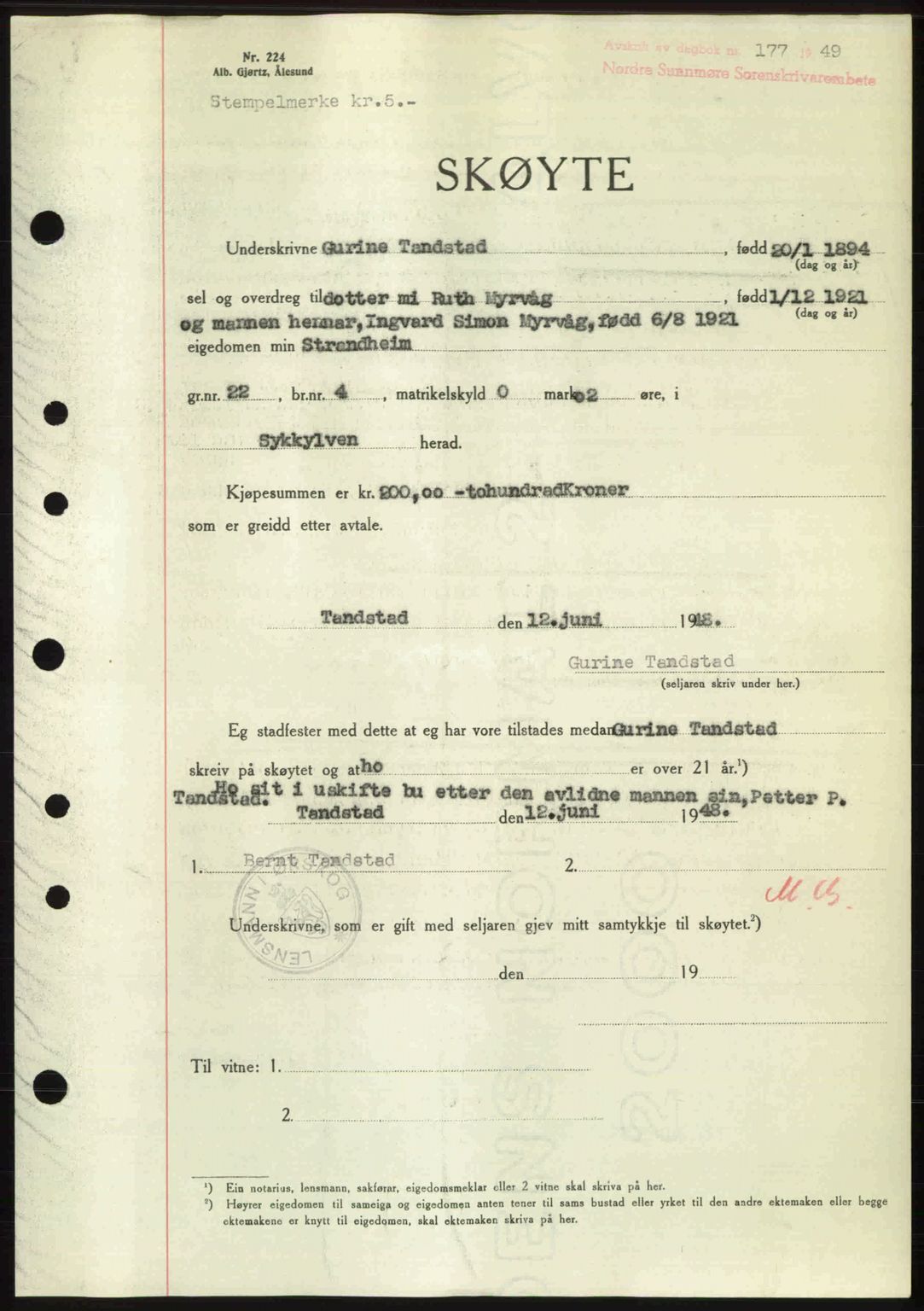 Nordre Sunnmøre sorenskriveri, SAT/A-0006/1/2/2C/2Ca: Pantebok nr. A29, 1948-1949, Dagboknr: 177/1949