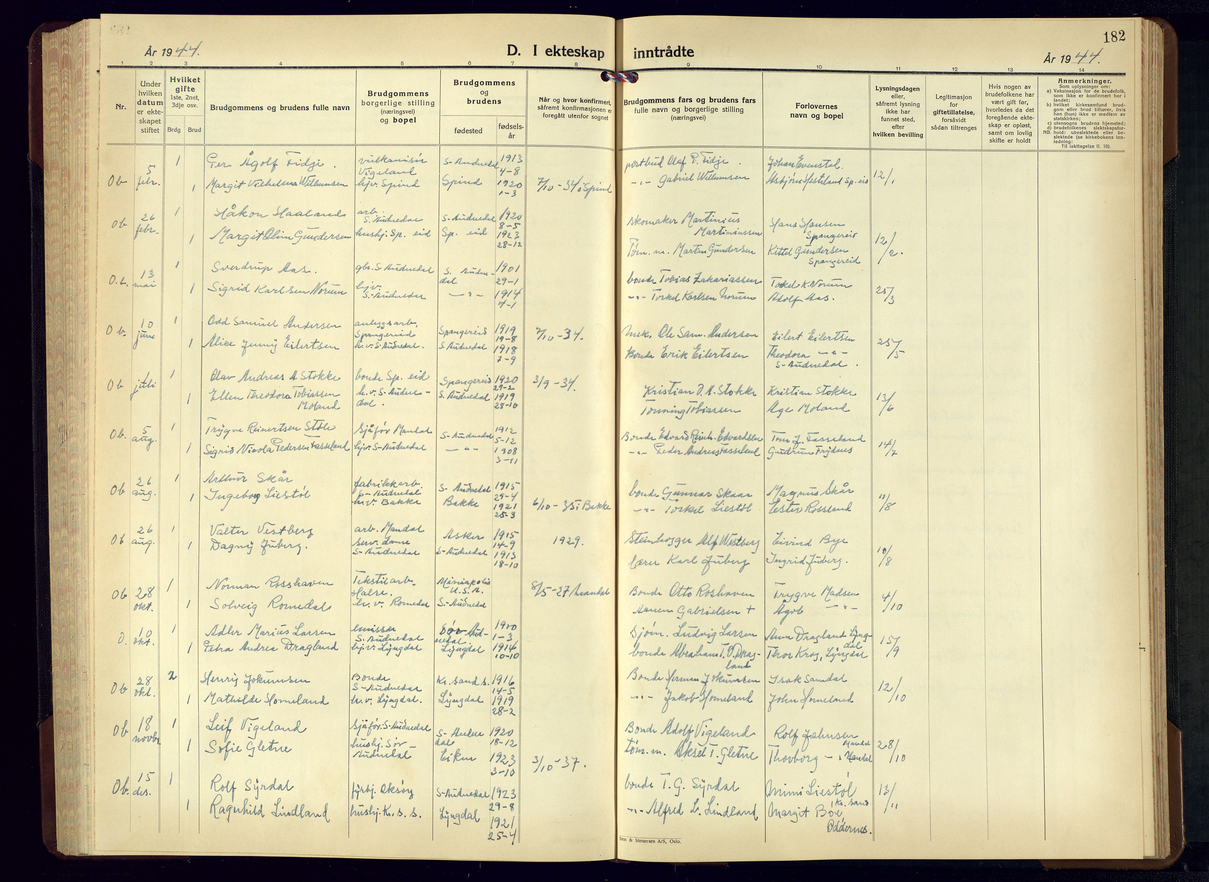 Sør-Audnedal sokneprestkontor, SAK/1111-0039/F/Fb/Fbb/L0007: Klokkerbok nr. B-7, 1939-1965, s. 182