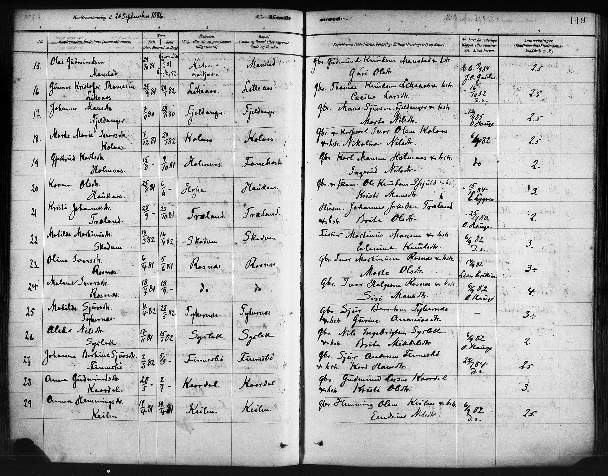 Lindås Sokneprestembete, AV/SAB-A-76701/H/Haa/Haaa/L0019: Ministerialbok nr. A 19, 1878-1912, s. 119