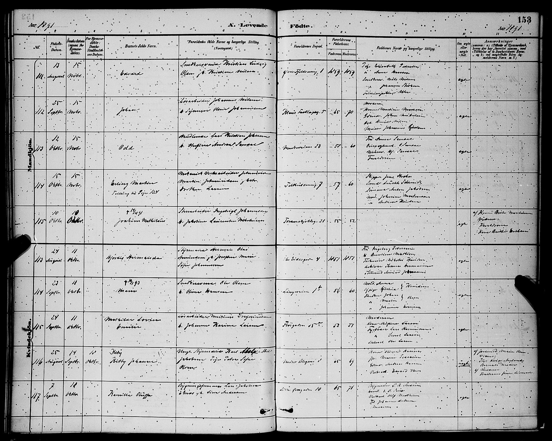 Korskirken sokneprestembete, SAB/A-76101/H/Hab: Klokkerbok nr. B 9, 1887-1896, s. 153