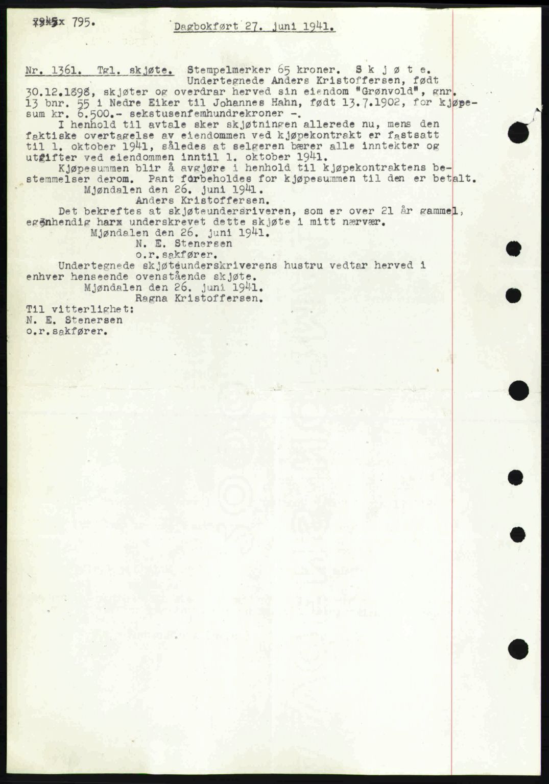 Eiker, Modum og Sigdal sorenskriveri, SAKO/A-123/G/Ga/Gab/L0043: Pantebok nr. A13, 1940-1941, Dagboknr: 1361/1941