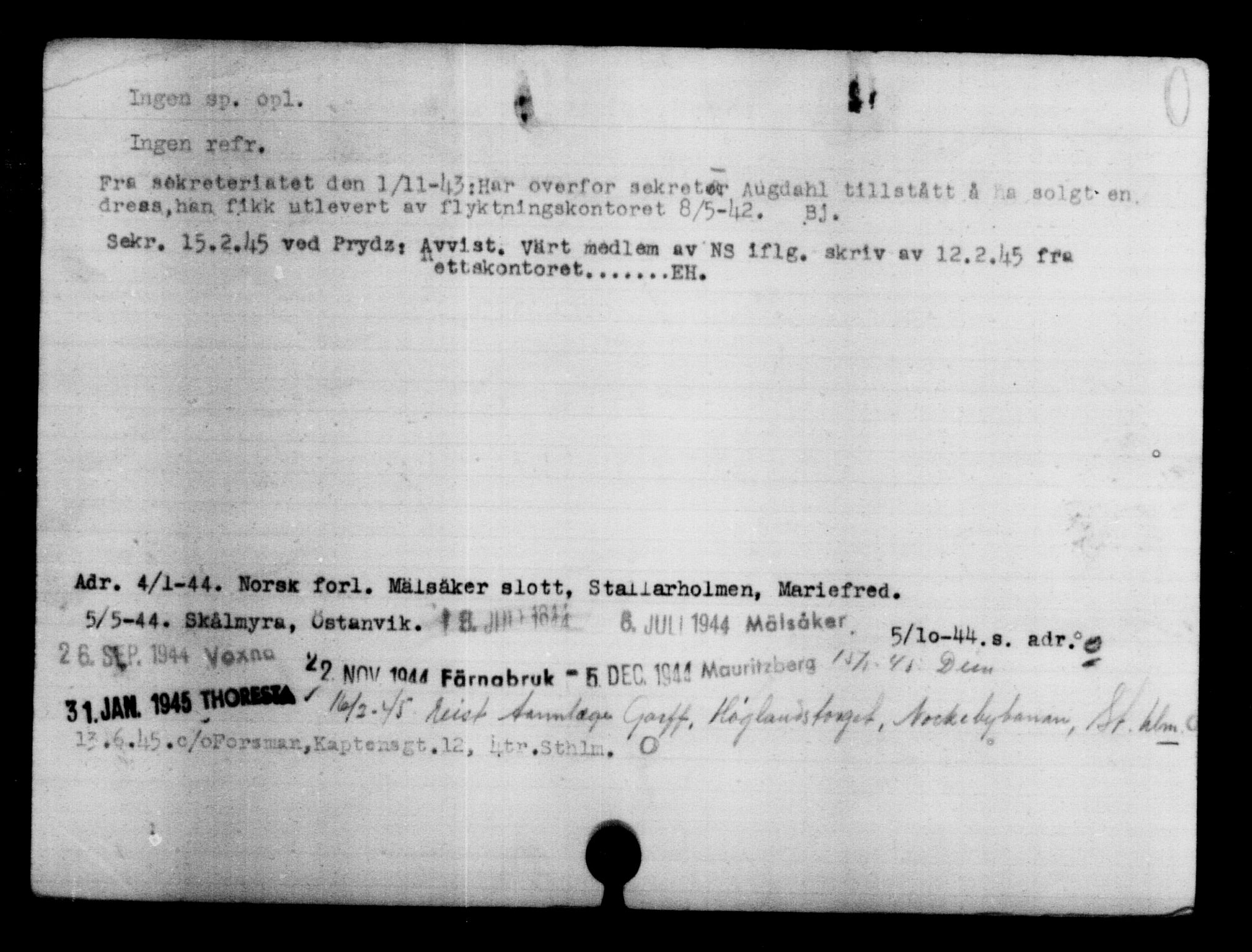 Utenriksstasjonene, Legasjonen i Stockholm, Flyktningkontoret, AV/RA-S-6753/V/Va/L0004: Kjesäterkartoteket, flyktninger med registreringsnr. 3496-6610, 1940-1945, s. 341