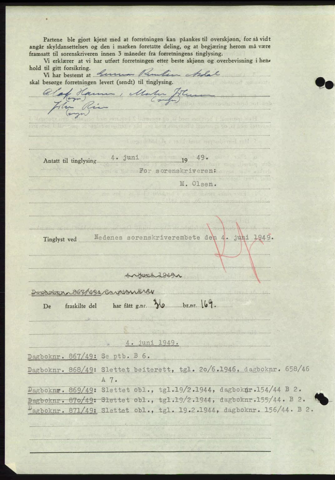 Nedenes sorenskriveri, AV/SAK-1221-0006/G/Gb/Gba/L0060: Pantebok nr. A12, 1948-1949, Dagboknr: 866/1949