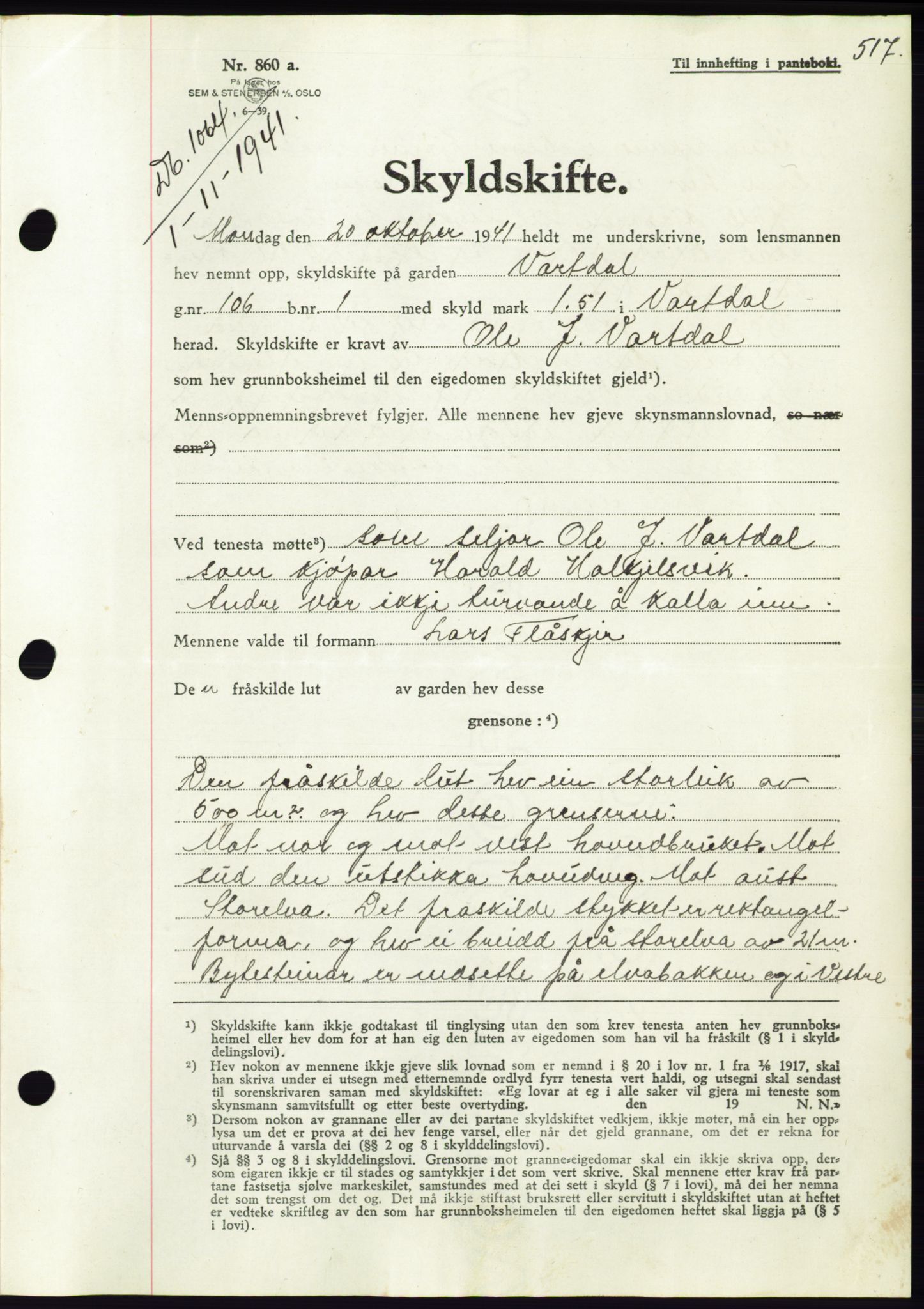 Søre Sunnmøre sorenskriveri, AV/SAT-A-4122/1/2/2C/L0071: Pantebok nr. 65, 1941-1941, Dagboknr: 1064/1941