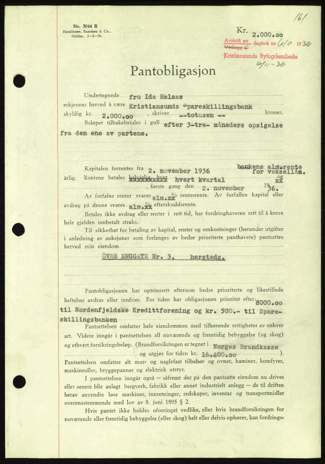 Kristiansund byfogd, AV/SAT-A-4587/A/27: Pantebok nr. 29, 1936-1937, Dagboknr: 610/1936