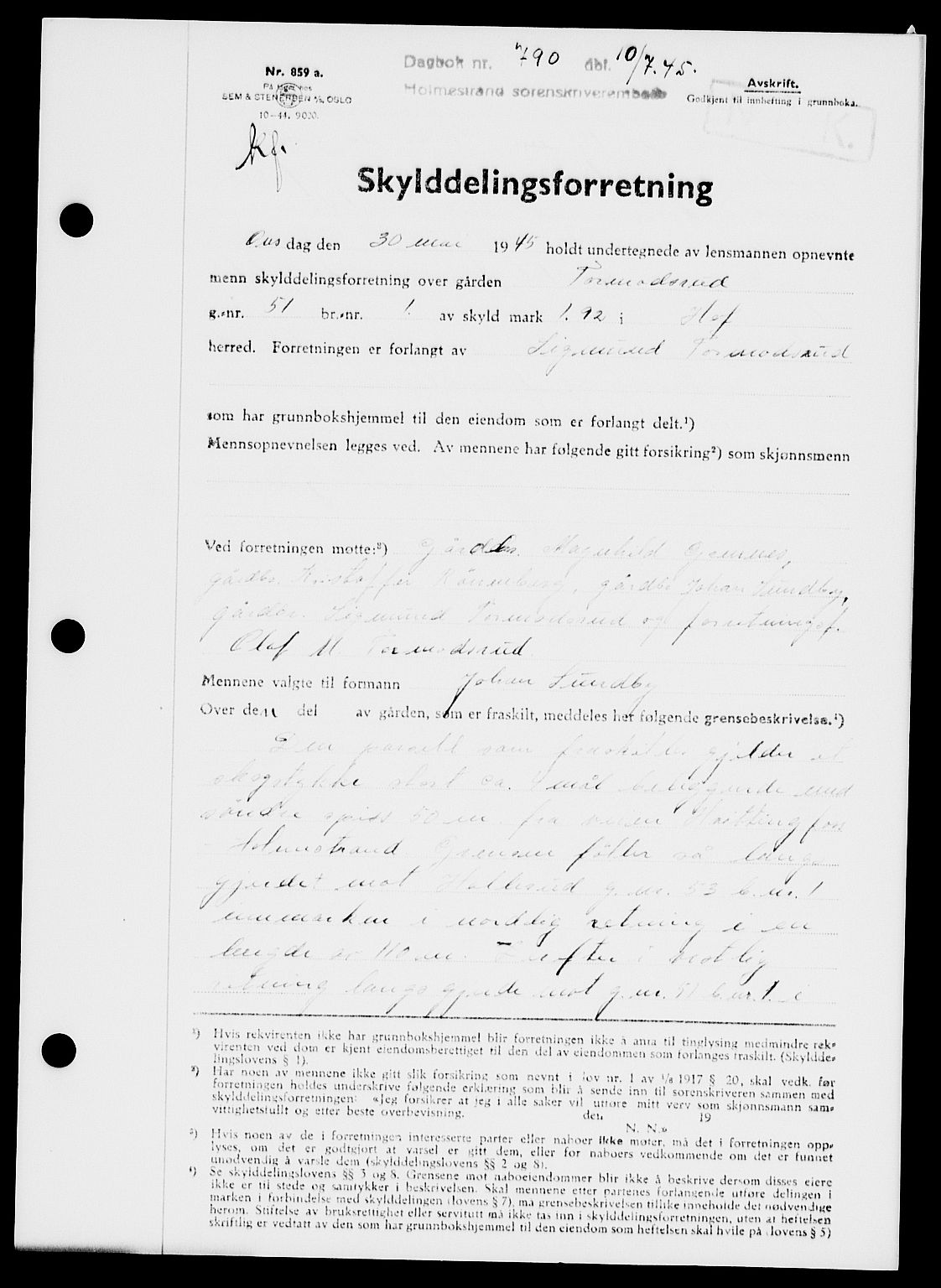 Holmestrand sorenskriveri, SAKO/A-67/G/Ga/Gaa/L0059: Pantebok nr. A-59, 1945-1946, Dagboknr: 790/1945