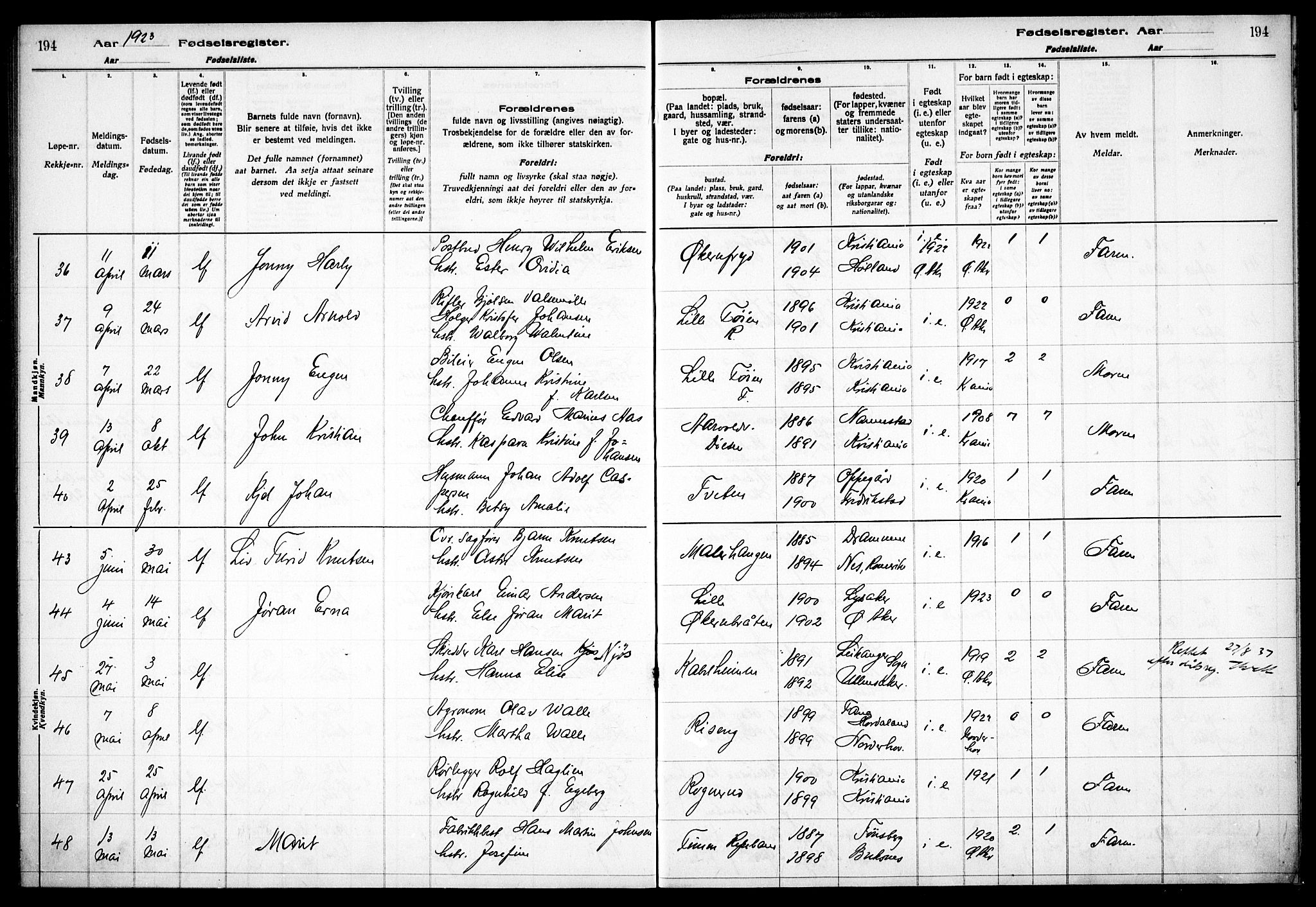 Østre Aker prestekontor Kirkebøker, AV/SAO-A-10840/J/Ja/L0001: Fødselsregister nr. I 1, 1916-1923, s. 194