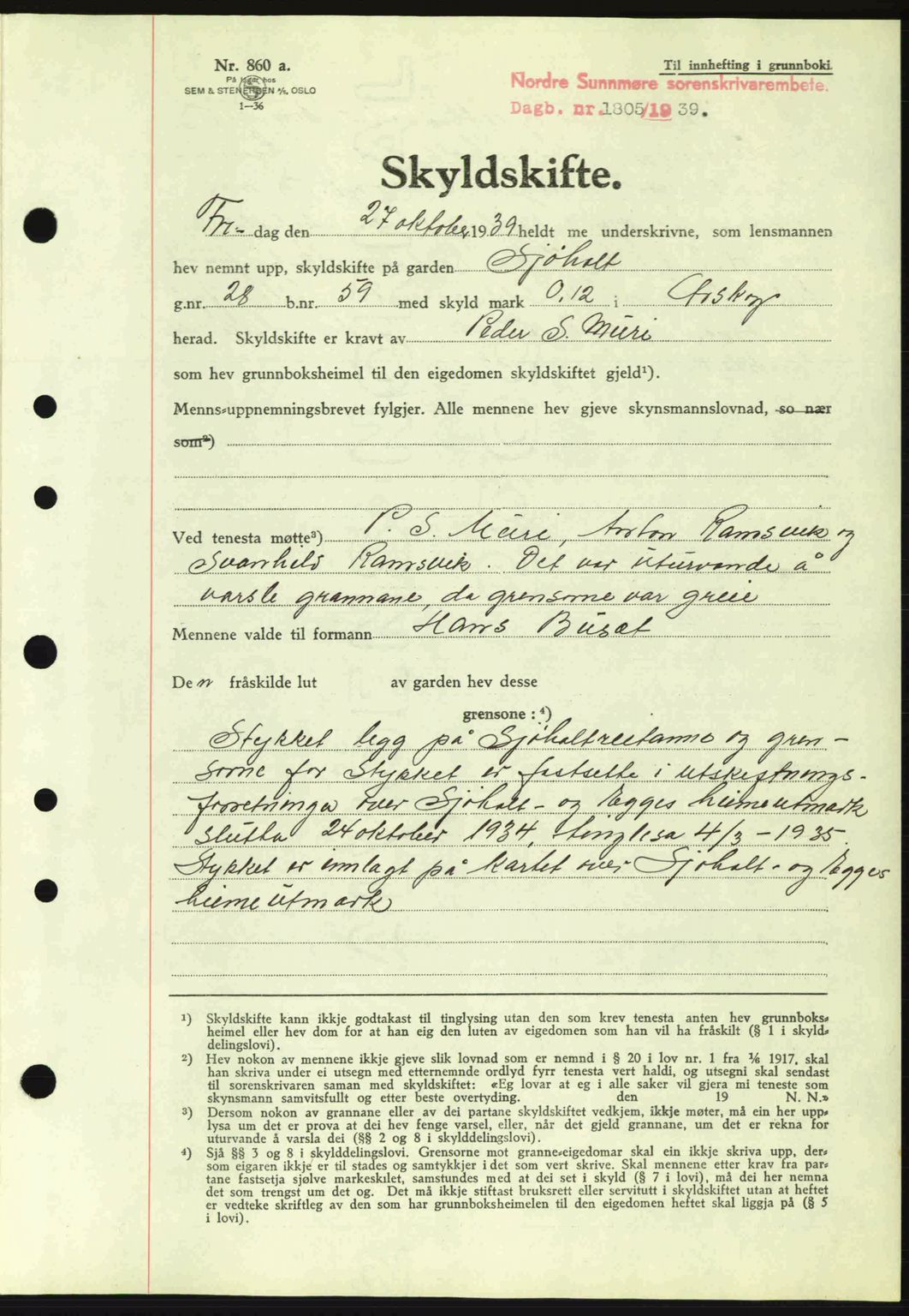 Nordre Sunnmøre sorenskriveri, SAT/A-0006/1/2/2C/2Ca: Pantebok nr. A7, 1939-1939, Dagboknr: 1805/1939