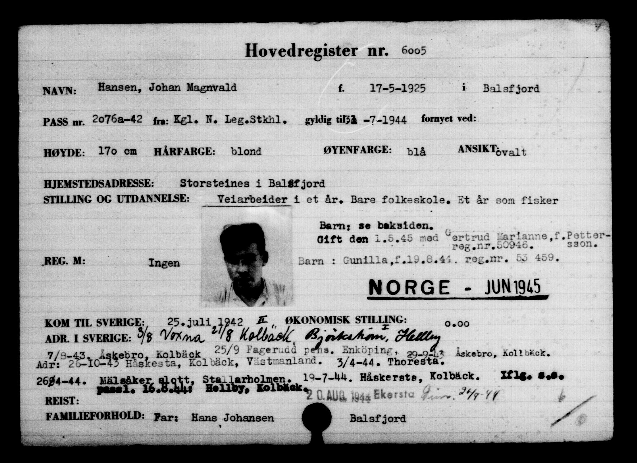 Utenriksstasjonene, Legasjonen i Stockholm, Flyktningkontoret, AV/RA-S-6753/V/Va/L0004: Kjesäterkartoteket, flyktninger med registreringsnr. 3496-6610, 1940-1945, s. 2933