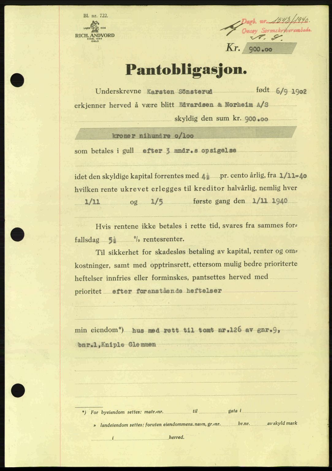 Onsøy sorenskriveri, SAO/A-10474/G/Ga/Gac/L0003: Pantebok nr. B3, 1940-1944, Dagboknr: 1543/1940