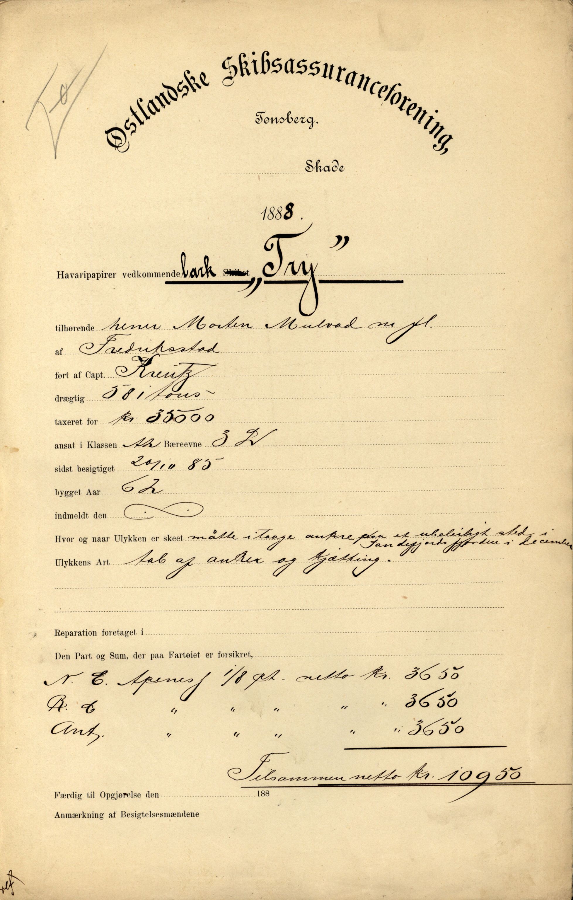 Pa 63 - Østlandske skibsassuranceforening, VEMU/A-1079/G/Ga/L0022/0004: Havaridokumenter / Try, Tre Brødre, Vidar, Elisa, Dagny, 1888, s. 1