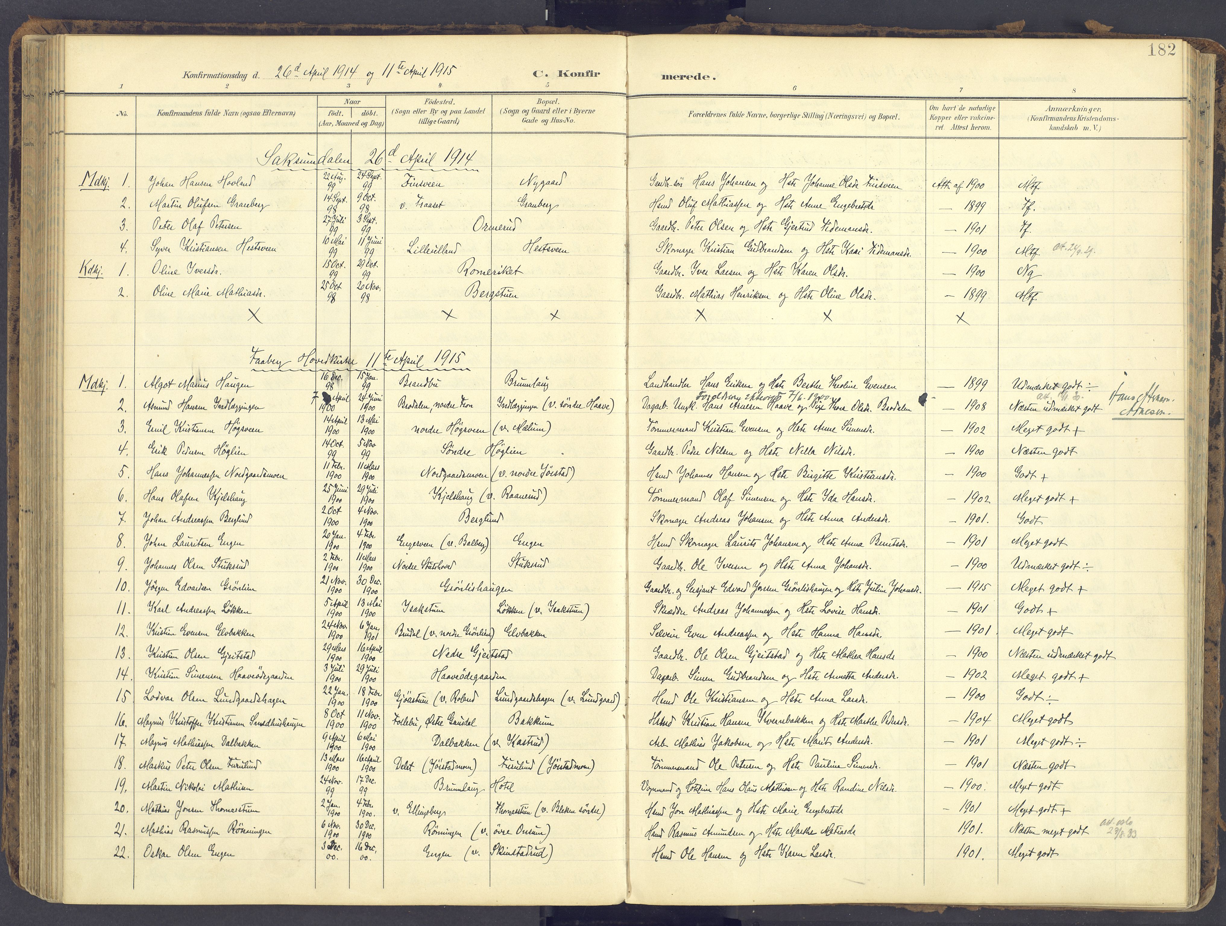 Fåberg prestekontor, AV/SAH-PREST-086/H/Ha/Haa/L0012: Ministerialbok nr. 12, 1899-1915, s. 182