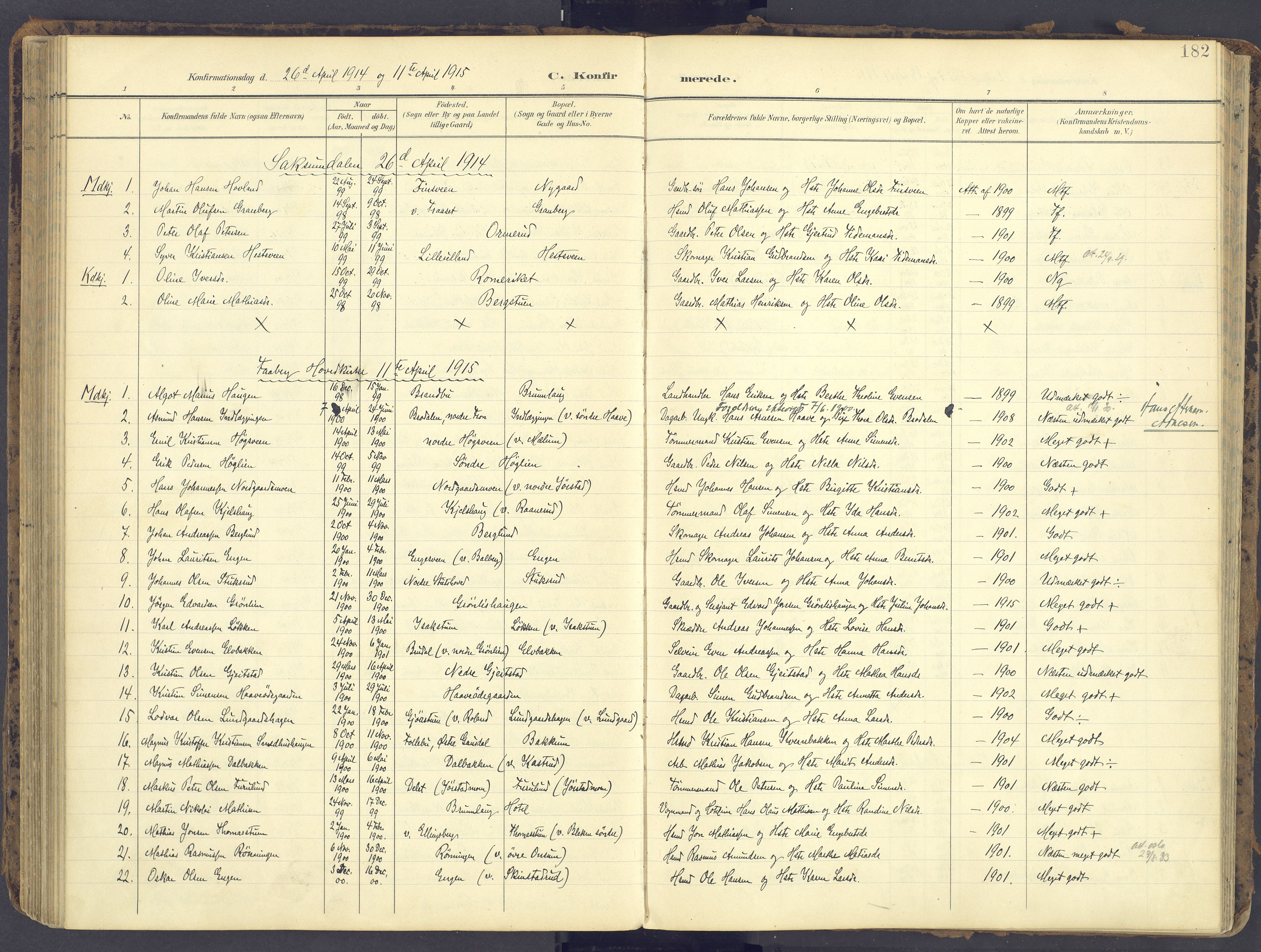 Fåberg prestekontor, SAH/PREST-086/H/Ha/Haa/L0012: Ministerialbok nr. 12, 1899-1915, s. 182