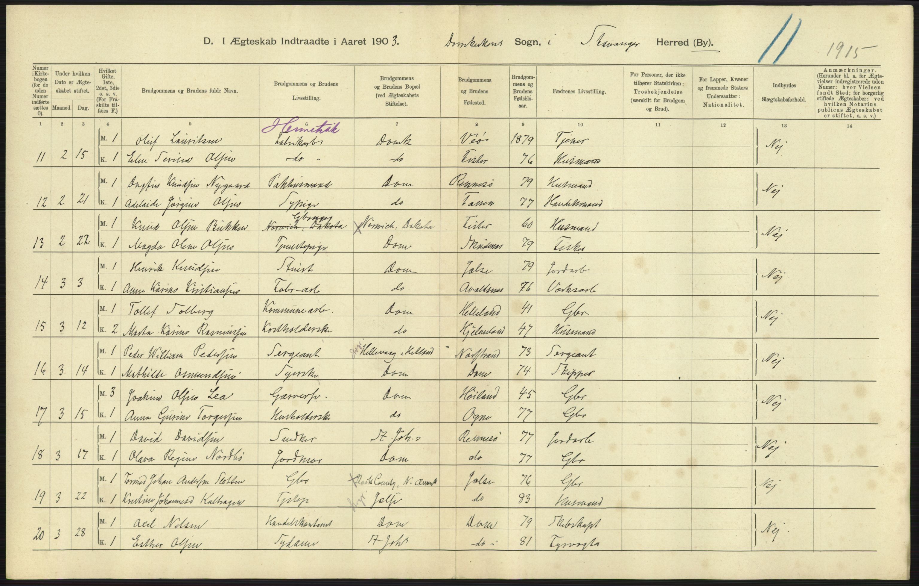 Statistisk sentralbyrå, Sosiodemografiske emner, Befolkning, AV/RA-S-2228/D/Df/Dfa/Dfaa/L0012: Stavanger amt: Fødte, gifte, døde, 1903, s. 607