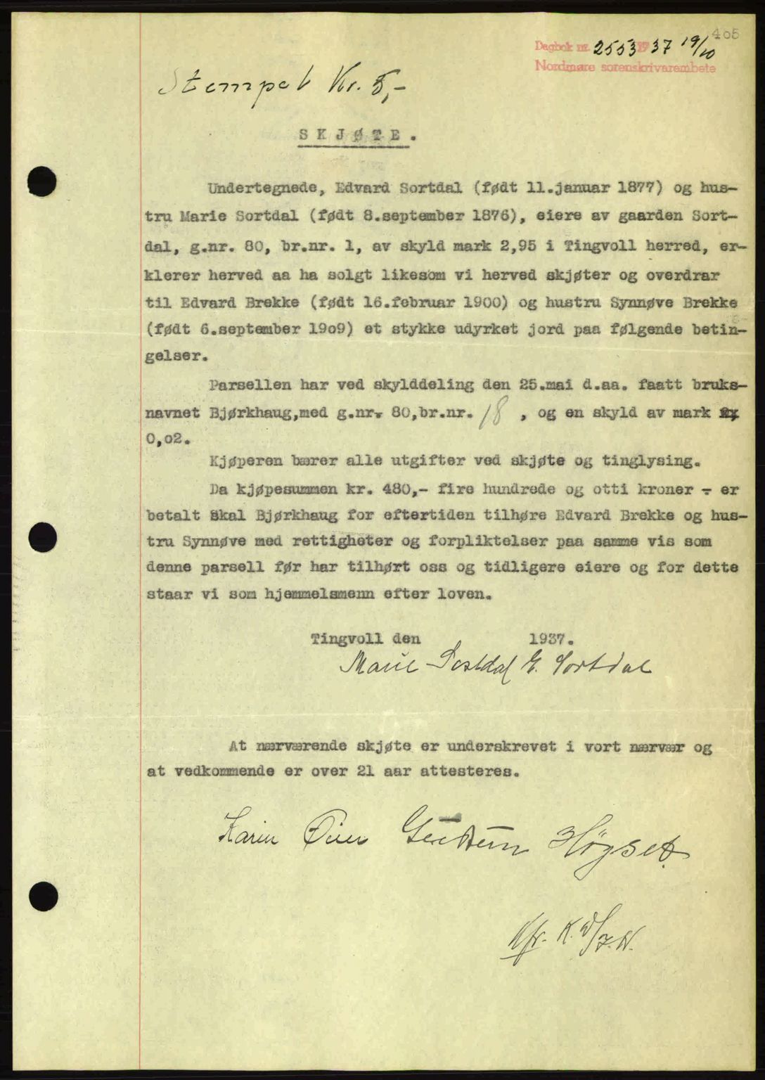 Nordmøre sorenskriveri, AV/SAT-A-4132/1/2/2Ca: Pantebok nr. A82, 1937-1938, Dagboknr: 2553/1937
