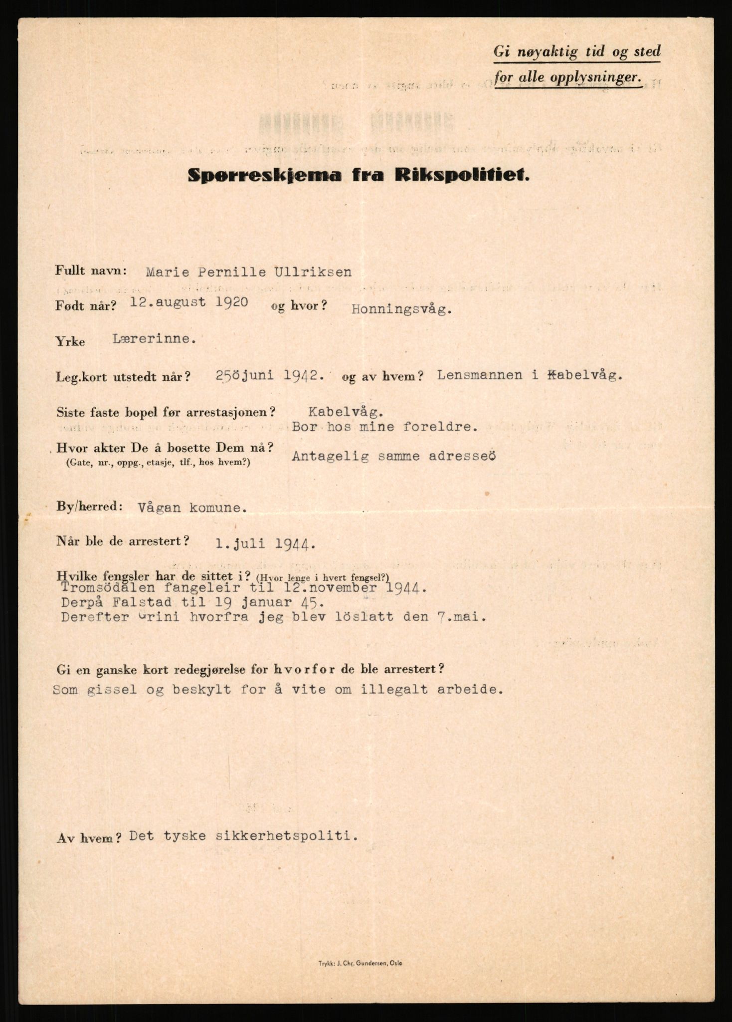 Rikspolitisjefen, AV/RA-S-1560/L/L0017: Tidemann, Hermann G. - Veum, Tjostolv, 1940-1945, s. 724