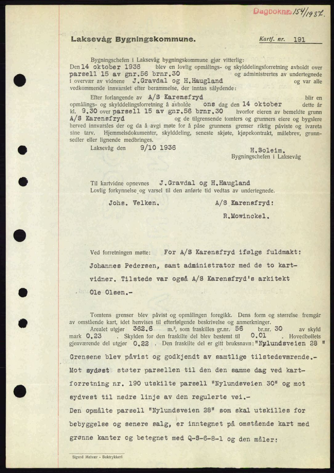 Midhordland sorenskriveri, SAB/A-3001/1/G/Gb/Gbk/L0001: Pantebok nr. A1-6, 1936-1937, Dagboknr: 154/1937