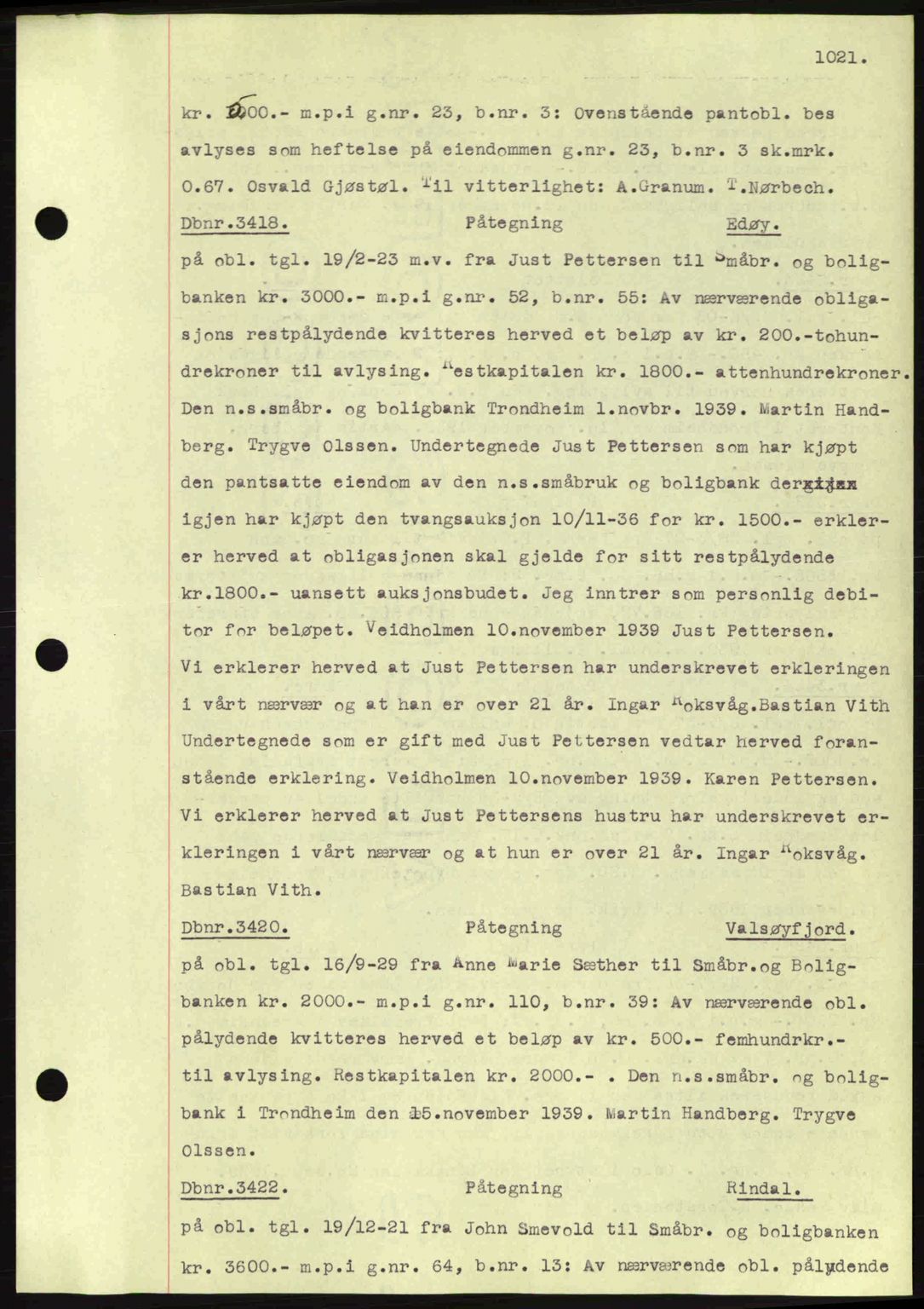 Nordmøre sorenskriveri, SAT/A-4132/1/2/2Ca: Pantebok nr. C80, 1936-1939, Dagboknr: 3418/1939
