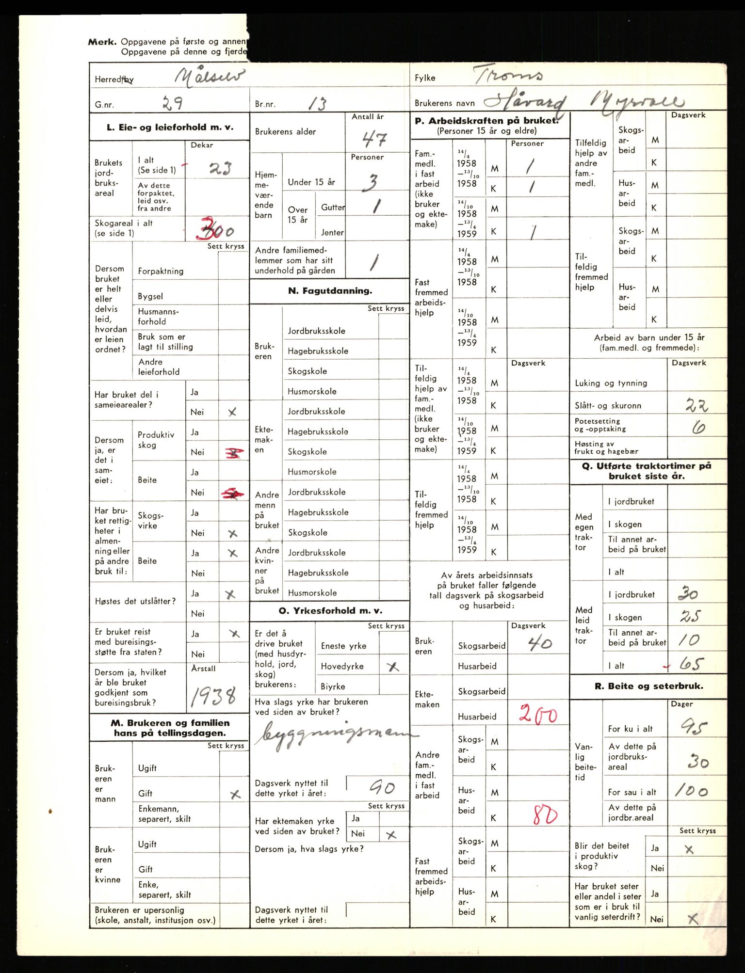 Statistisk sentralbyrå, Næringsøkonomiske emner, Jordbruk, skogbruk, jakt, fiske og fangst, AV/RA-S-2234/G/Gd/L0655: Troms: 1924 Målselv (kl. 4-10), 1959, s. 1185