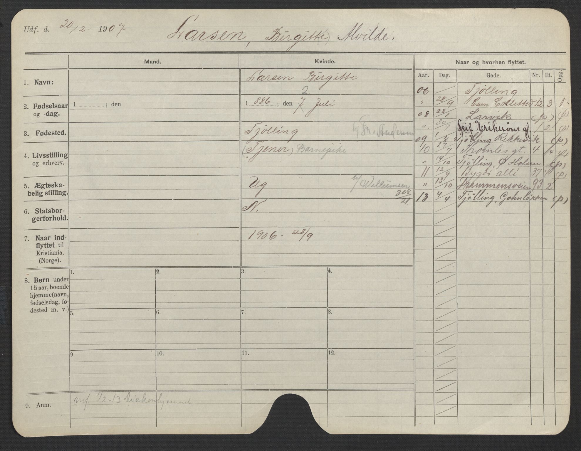 Oslo folkeregister, Registerkort, AV/SAO-A-11715/F/Fa/Fac/L0019: Kvinner, 1906-1914, s. 841a