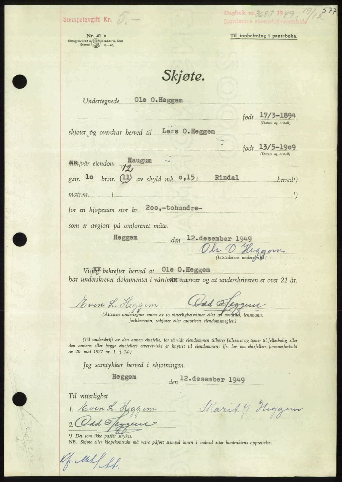 Nordmøre sorenskriveri, AV/SAT-A-4132/1/2/2Ca: Pantebok nr. A113, 1949-1950, Dagboknr: 3683/1949