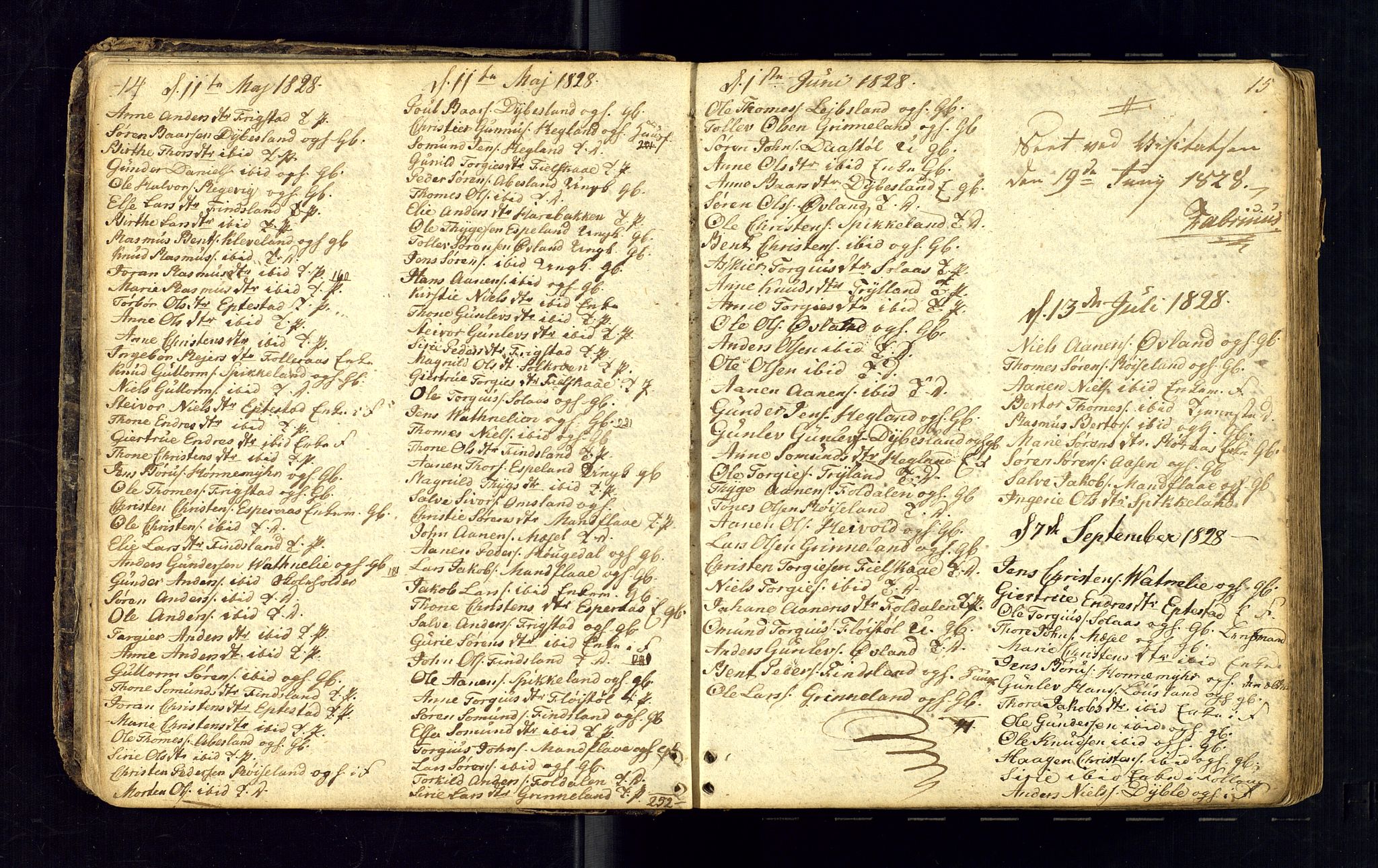 Bjelland sokneprestkontor, AV/SAK-1111-0005/F/Fc/Fcb/L0001: Kommunikantprotokoll nr. C-1, 1827-1906, s. 14-15