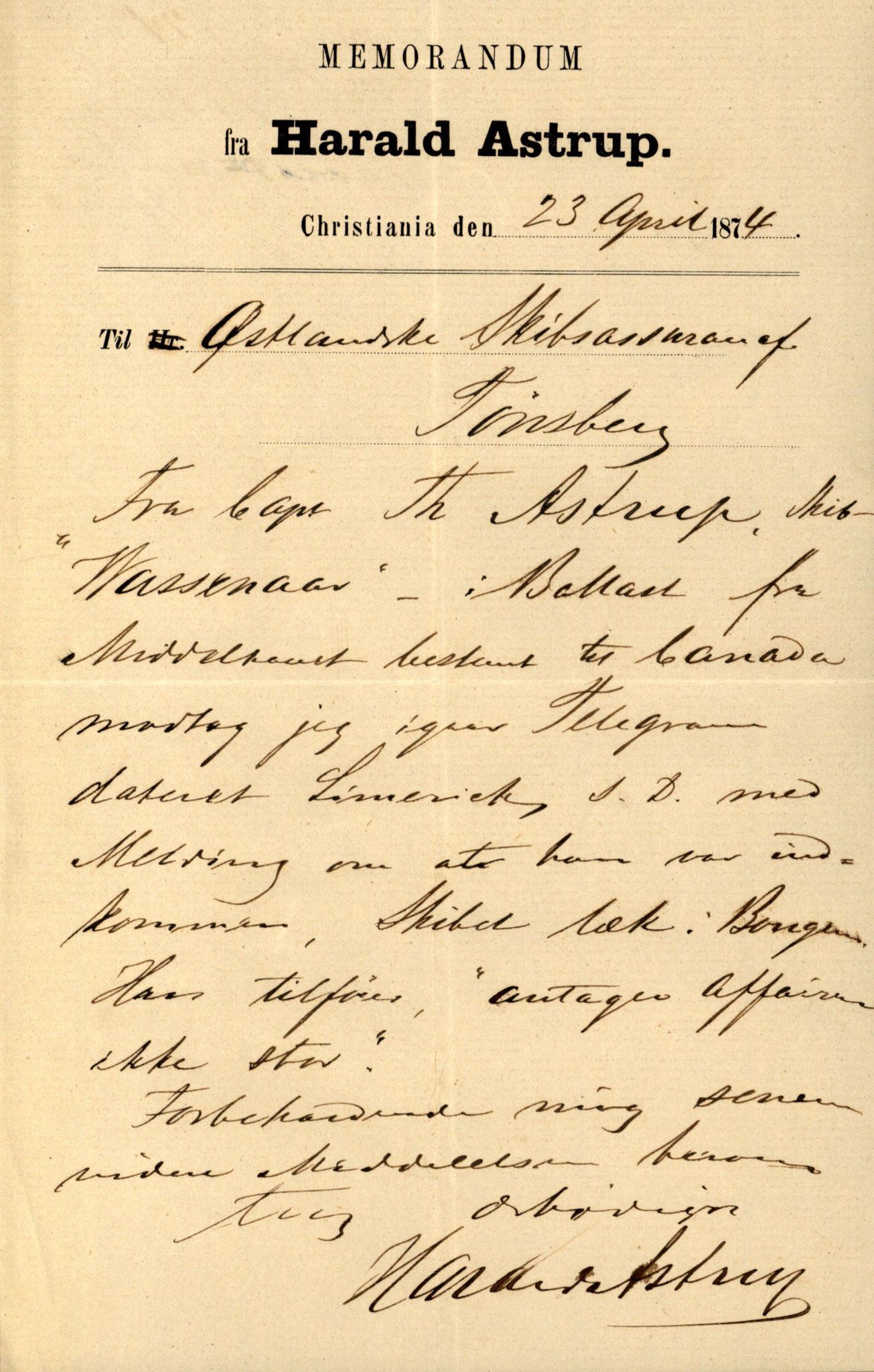 Pa 63 - Østlandske skibsassuranceforening, VEMU/A-1079/G/Ga/L0006/0022: Havaridokumenter / Wassenaar, 1874