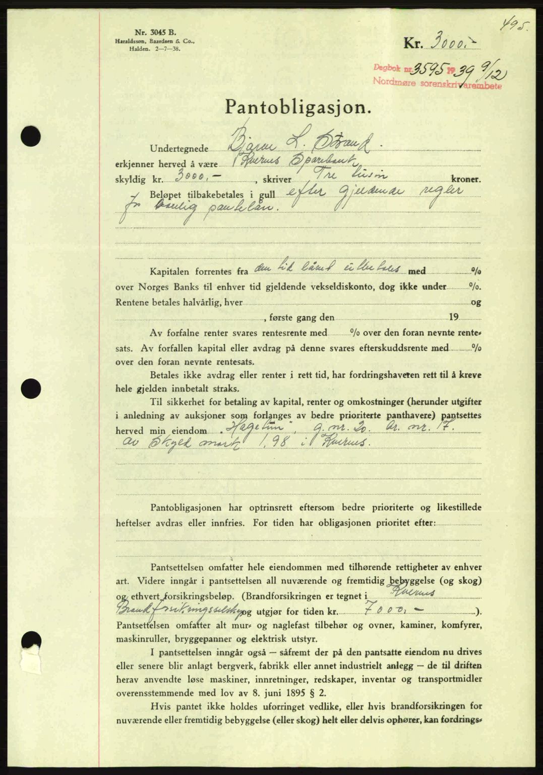 Nordmøre sorenskriveri, AV/SAT-A-4132/1/2/2Ca: Pantebok nr. B86, 1939-1940, Dagboknr: 3595/1939