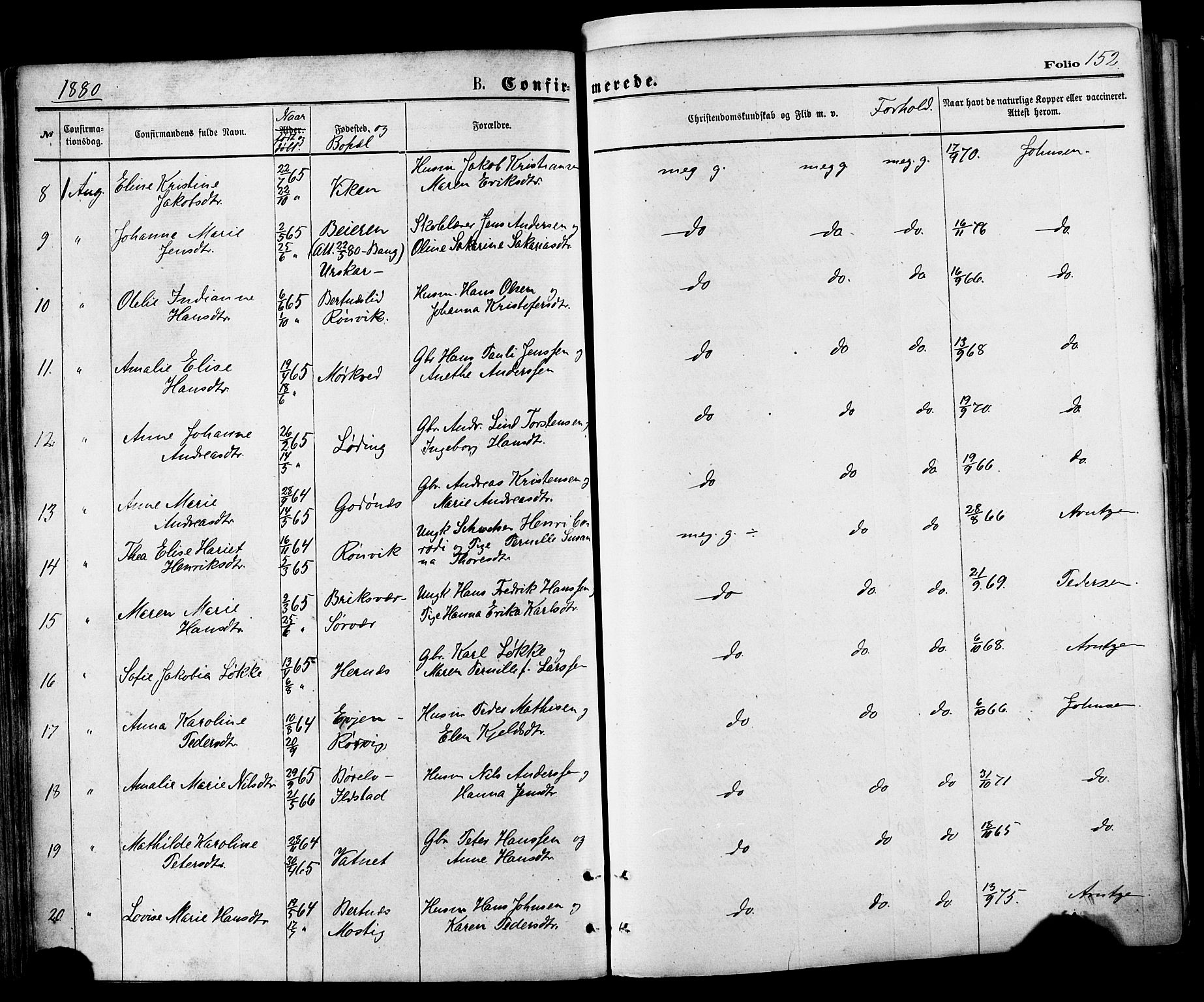 Ministerialprotokoller, klokkerbøker og fødselsregistre - Nordland, SAT/A-1459/801/L0009: Ministerialbok nr. 801A09, 1876-1883, s. 152