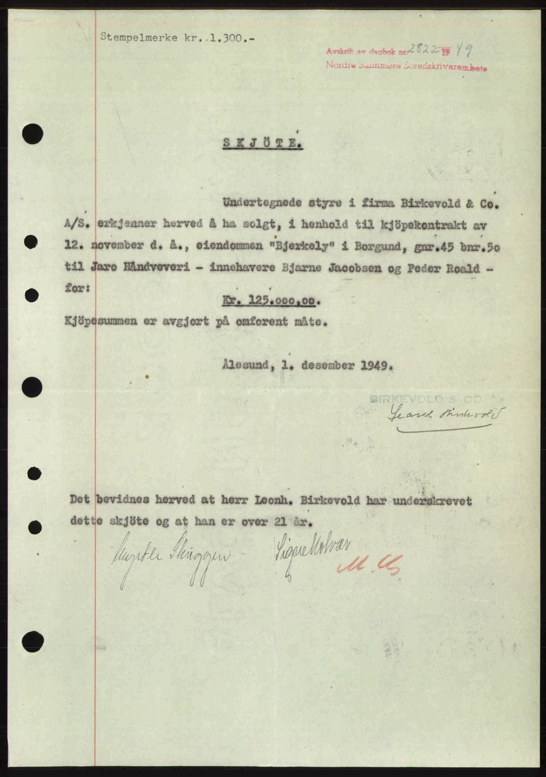 Nordre Sunnmøre sorenskriveri, SAT/A-0006/1/2/2C/2Ca: Pantebok nr. A33, 1949-1950, Dagboknr: 2822/1949