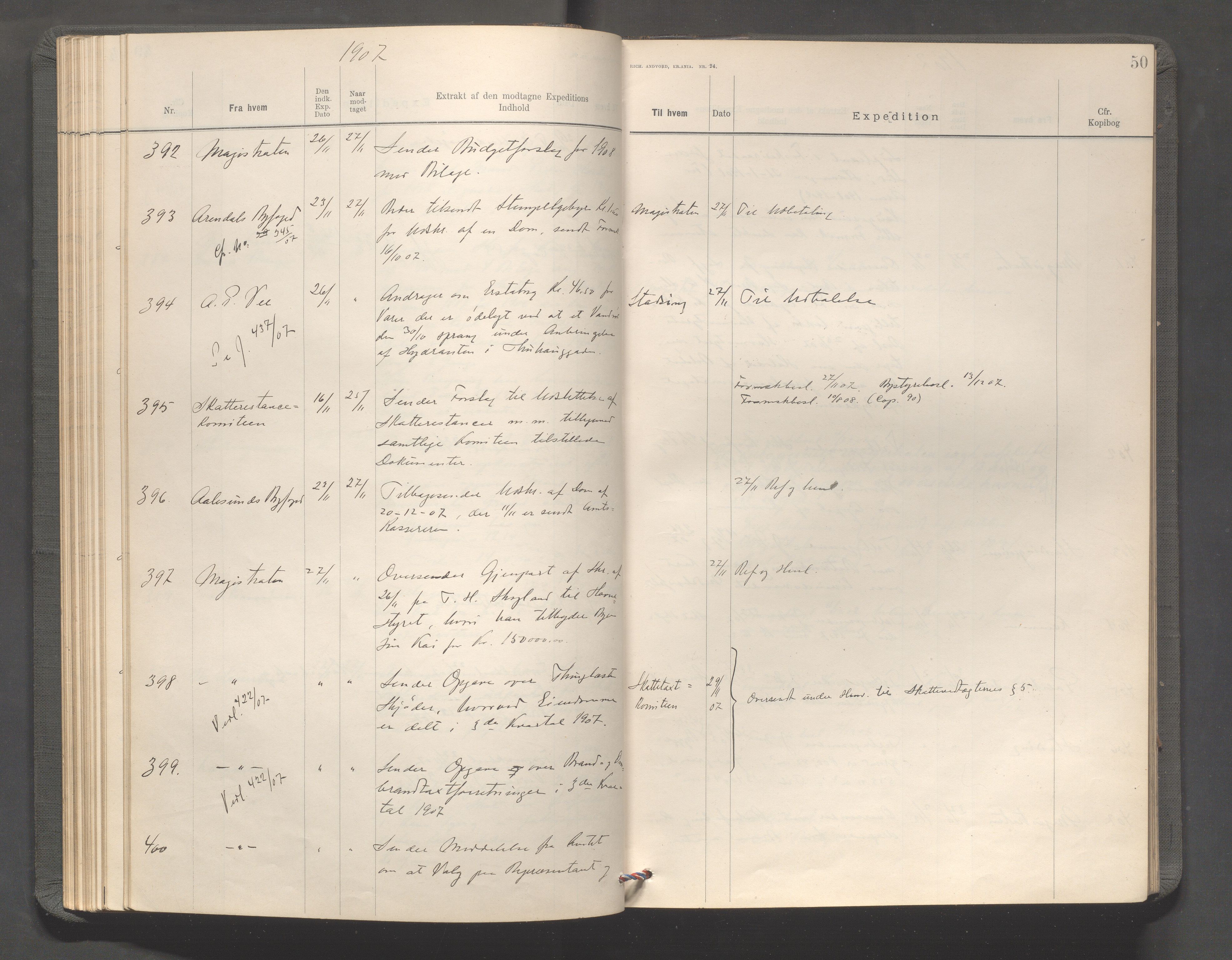 Haugesund kommune - Formannskapet, IKAR/X-0001/C/L0003: Journal, 1907-1910, s. 50