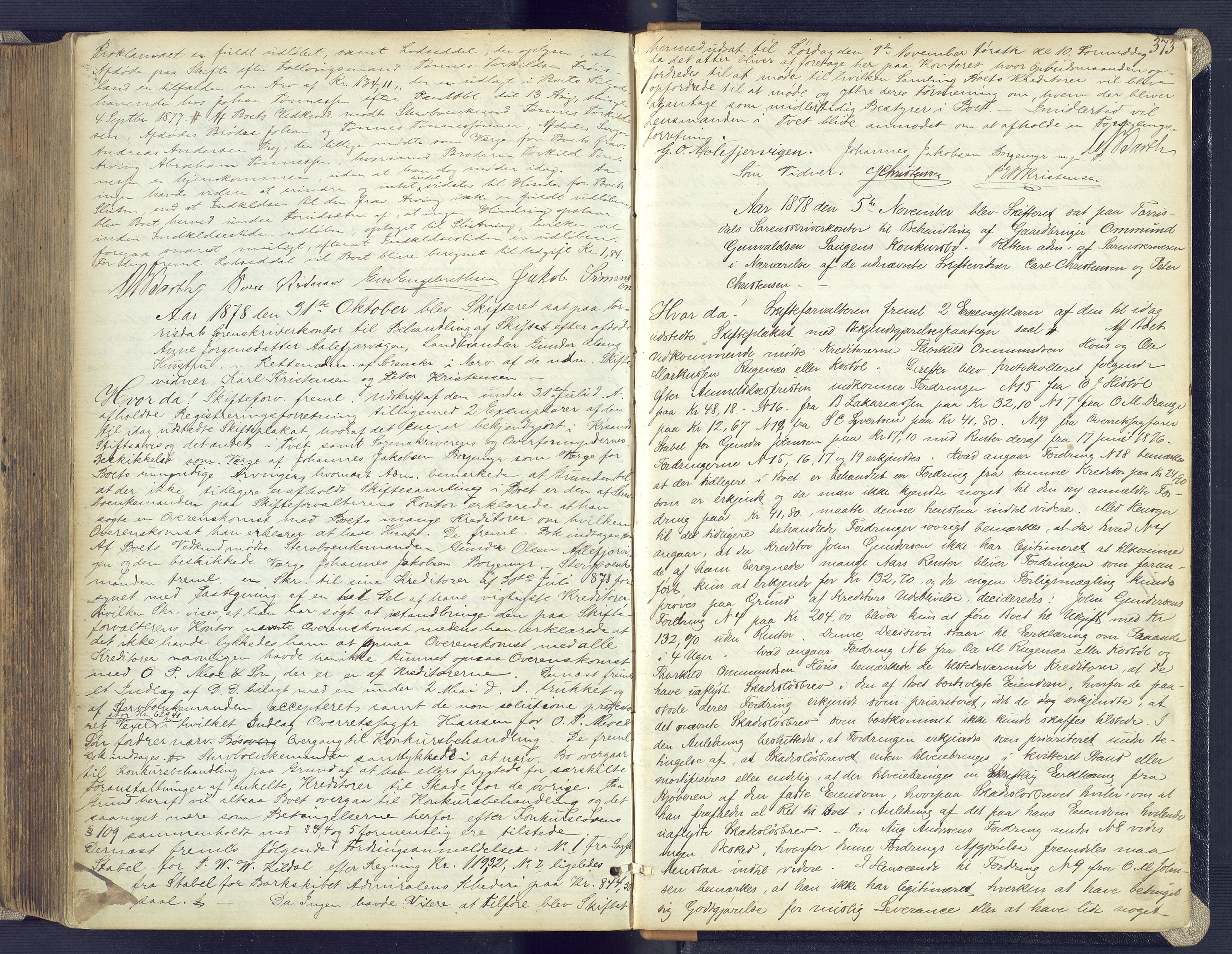 Torridal sorenskriveri, SAK/1221-0012/H/Hc/L0016: Skifteforhandlingsprotokoll med navneregister nr. 2, 1867-1878, s. 373
